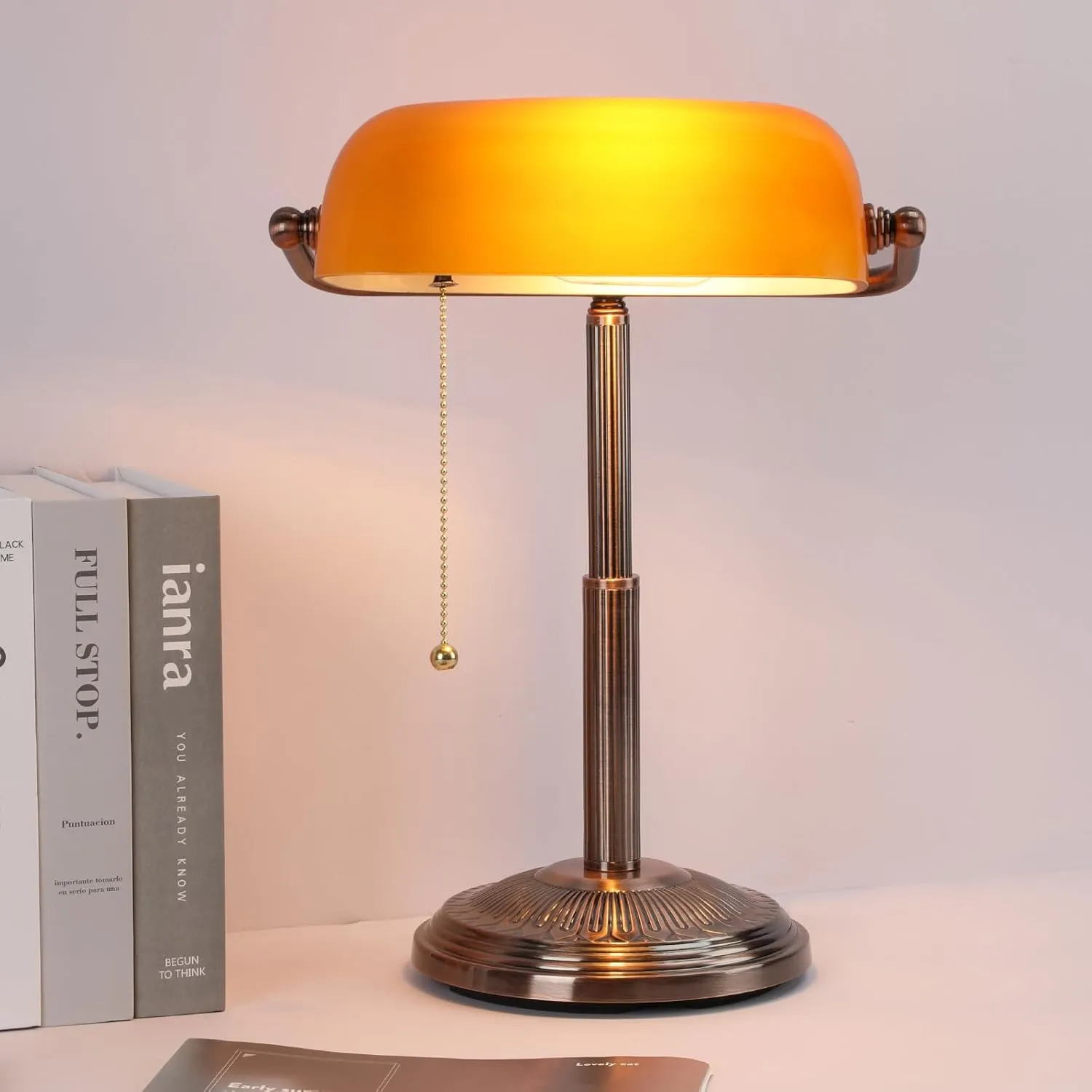 Bankers Desk Lamp, Amber Retro Lamp, Vintage Lamp with Pull Chain Switch for Home Office, LED Bulb Included (Copper Amber)