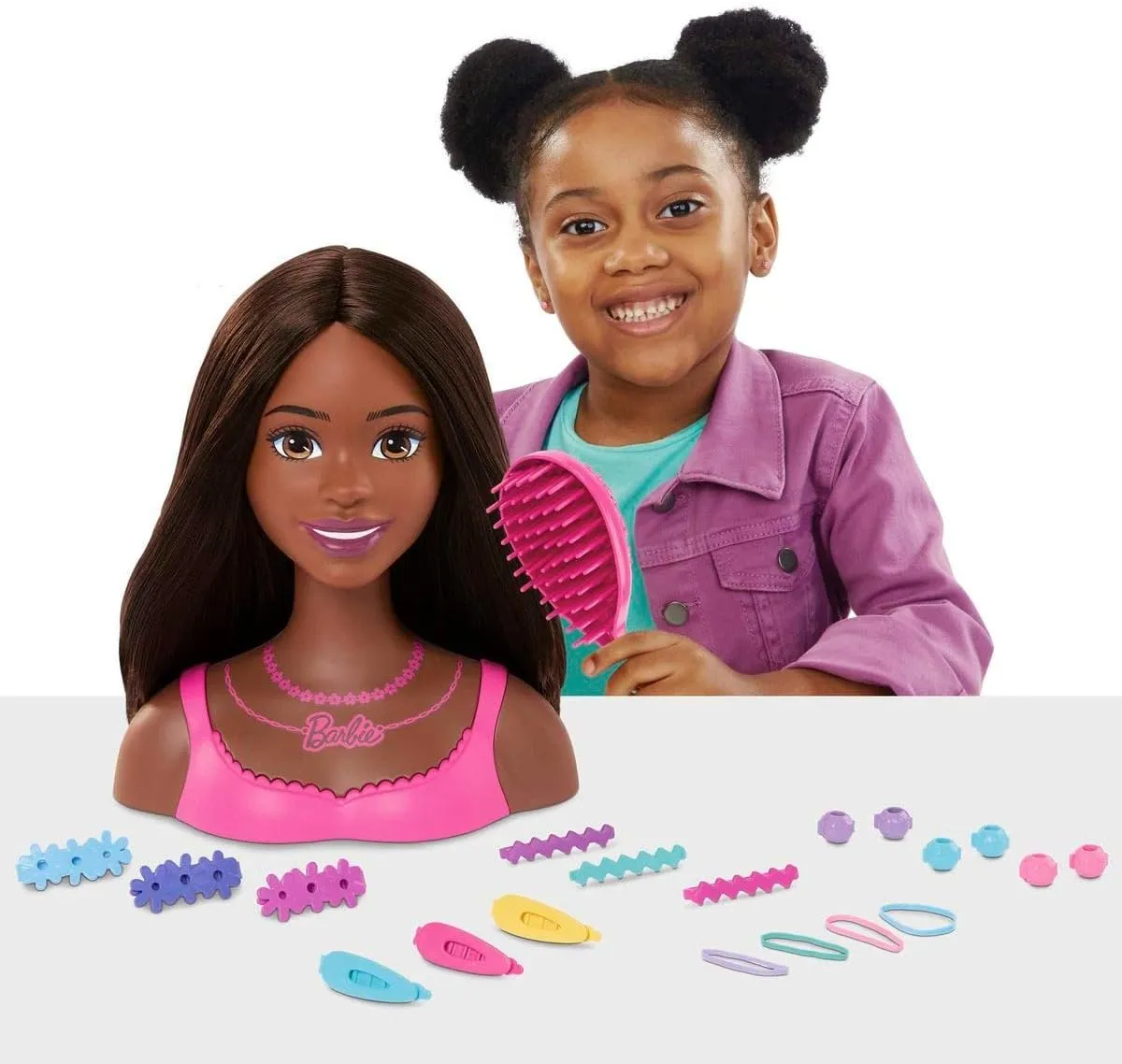Barbie Doll Styling Head, Brown Hair with 20 Colorful Accessories, Doll Head for Hair Styling