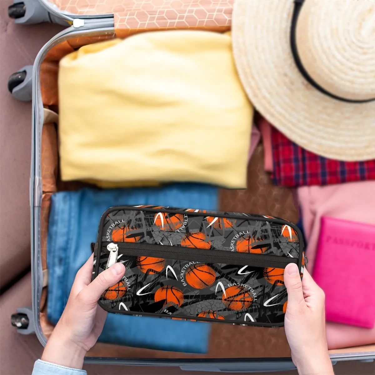 Bardic Travel Toiletry Bag for Boys Men, Waterproof Hanging Dopp Kit for Women, Shaving Bag with Large Capacity for Travel,Sports Shower (Basketball Orange)