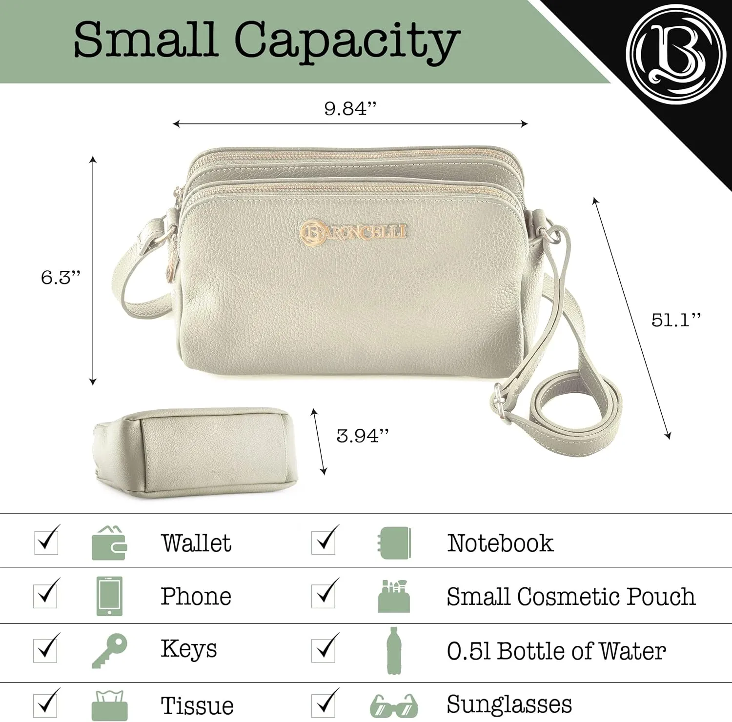 Baroncelli Crossbody Bag Made in Italy with Long Stripe Genuine Italian Soft Leather