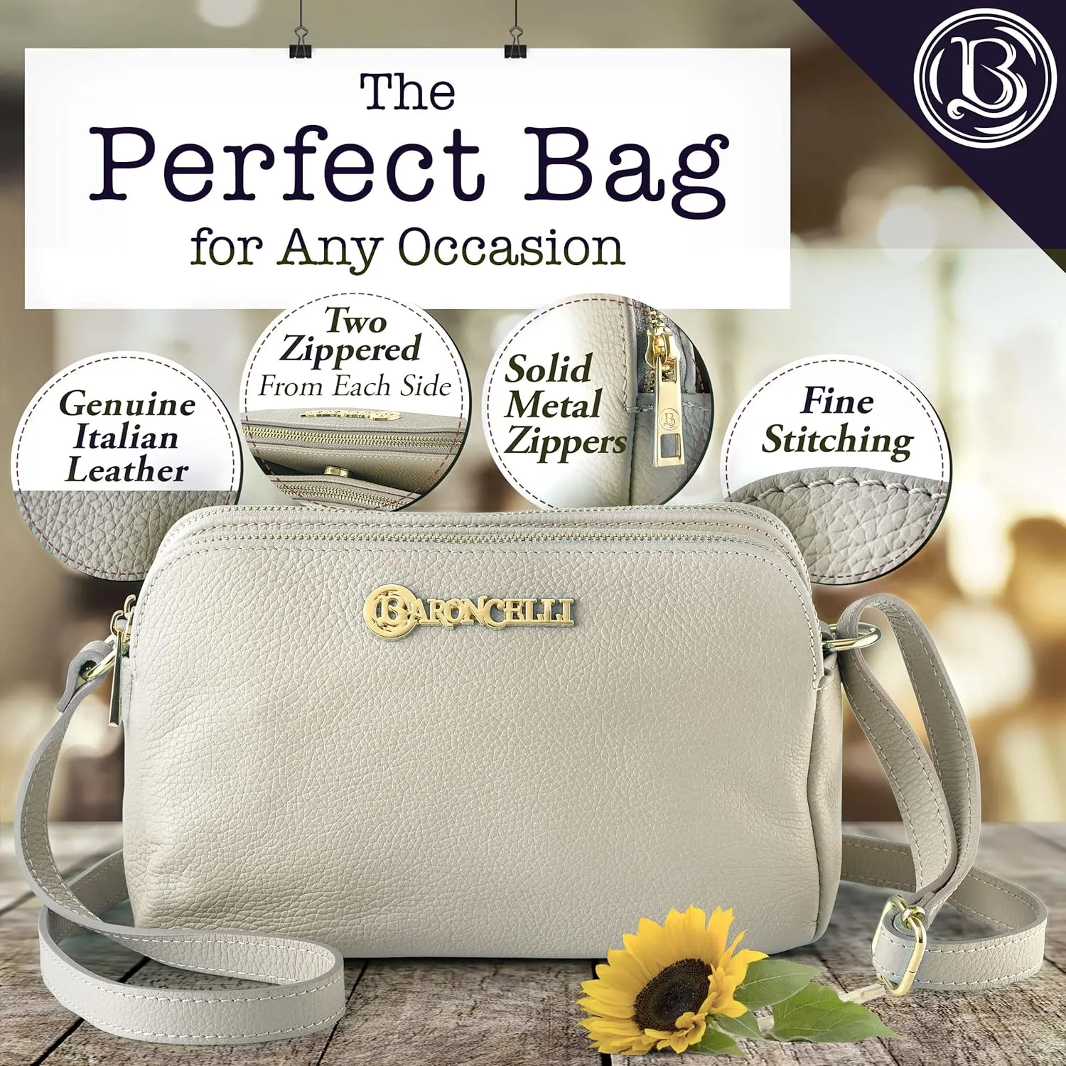 Baroncelli Crossbody Bag Made in Italy with Long Stripe Genuine Italian Soft Leather