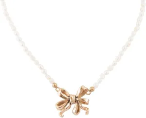 Barse Jewelry Gifted Freshwater White Pearl Golden Bow Pendant Necklace