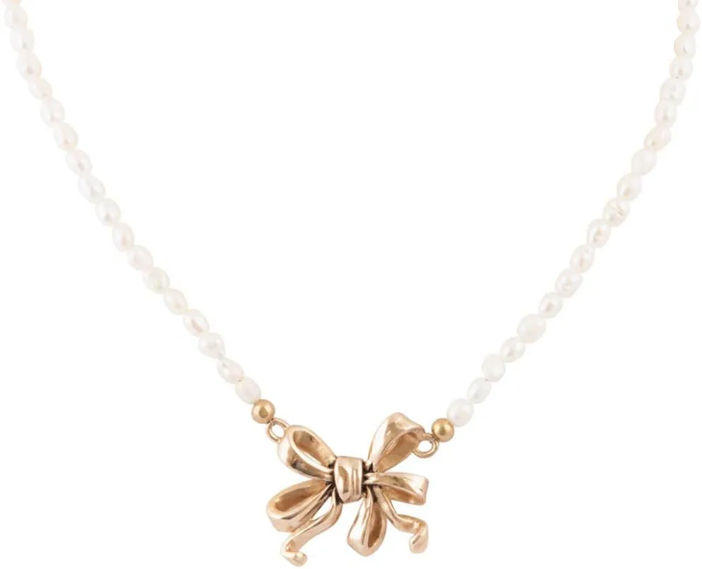Barse Jewelry Gifted Freshwater White Pearl Golden Bow Pendant Necklace