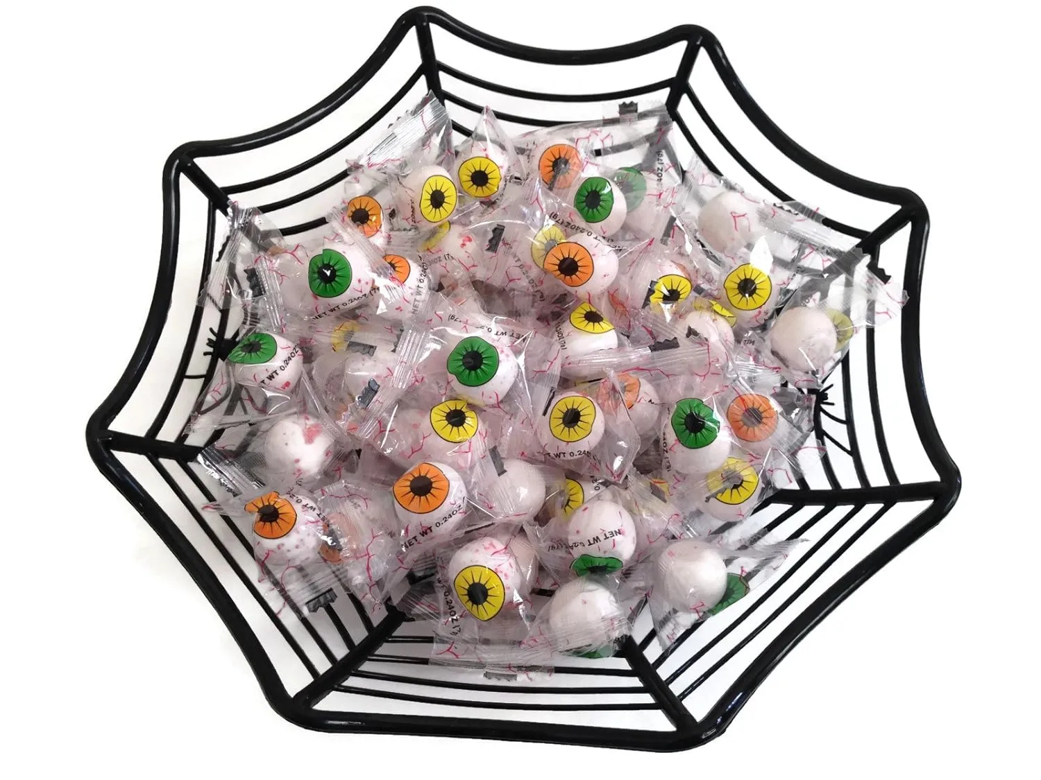 Basket of Eyeballs - Two Piece Halloween Bundle Contains One Black Spiderweb Basket Plus One 14oz Bag of Bubblegum Candy Eyeballs