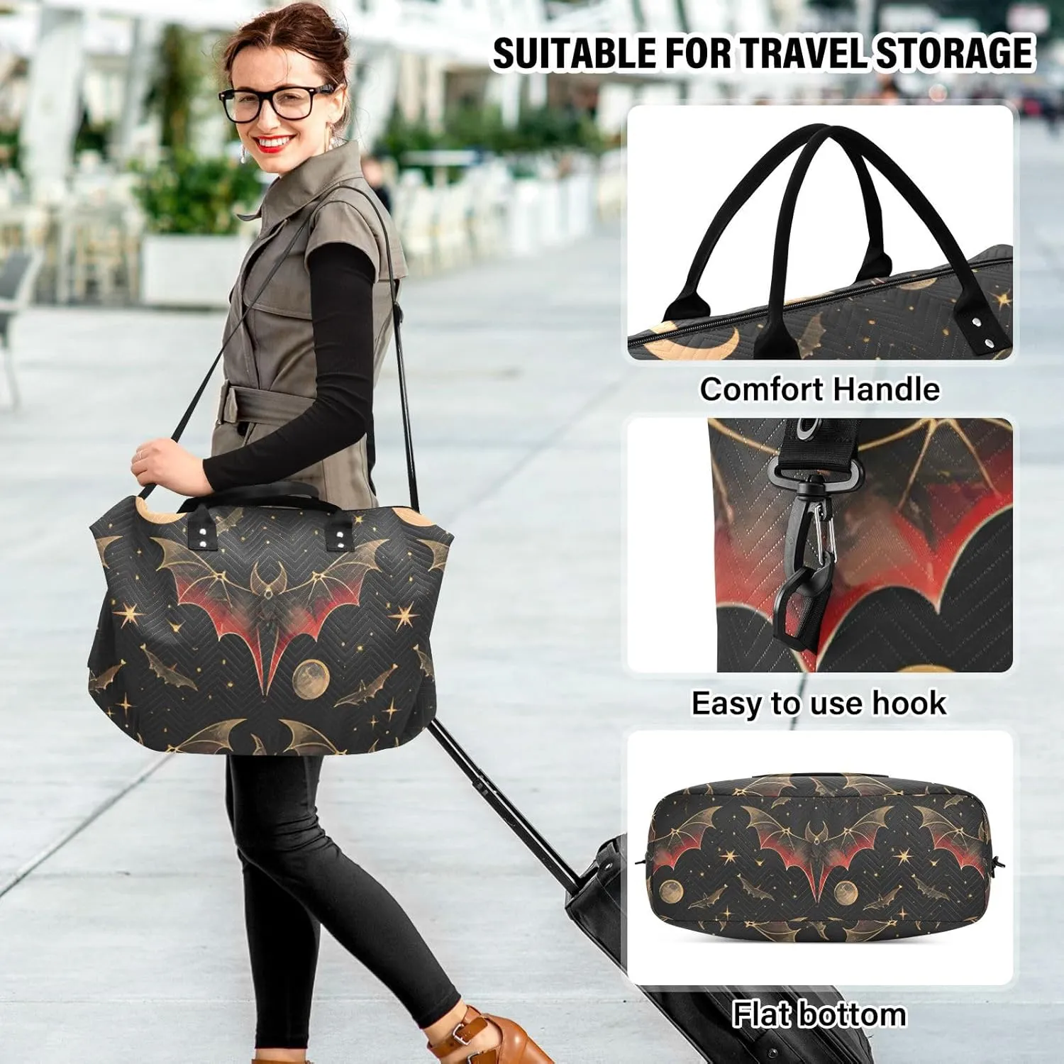 Bat Crescent Star Weekender Bag, Travel Tote with Toiletry Bag for Women