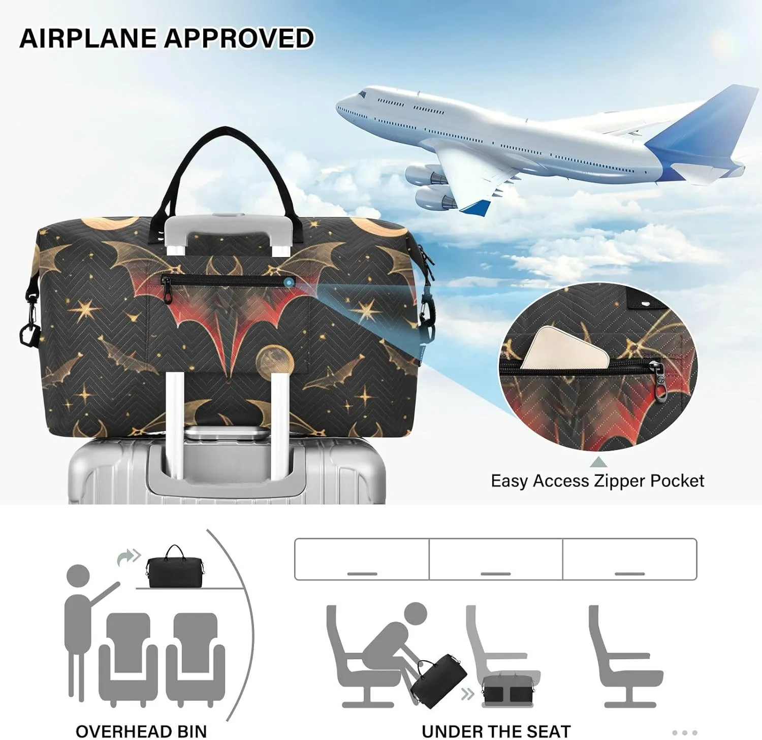 Bat Crescent Star Weekender Bag, Travel Tote with Toiletry Bag for Women
