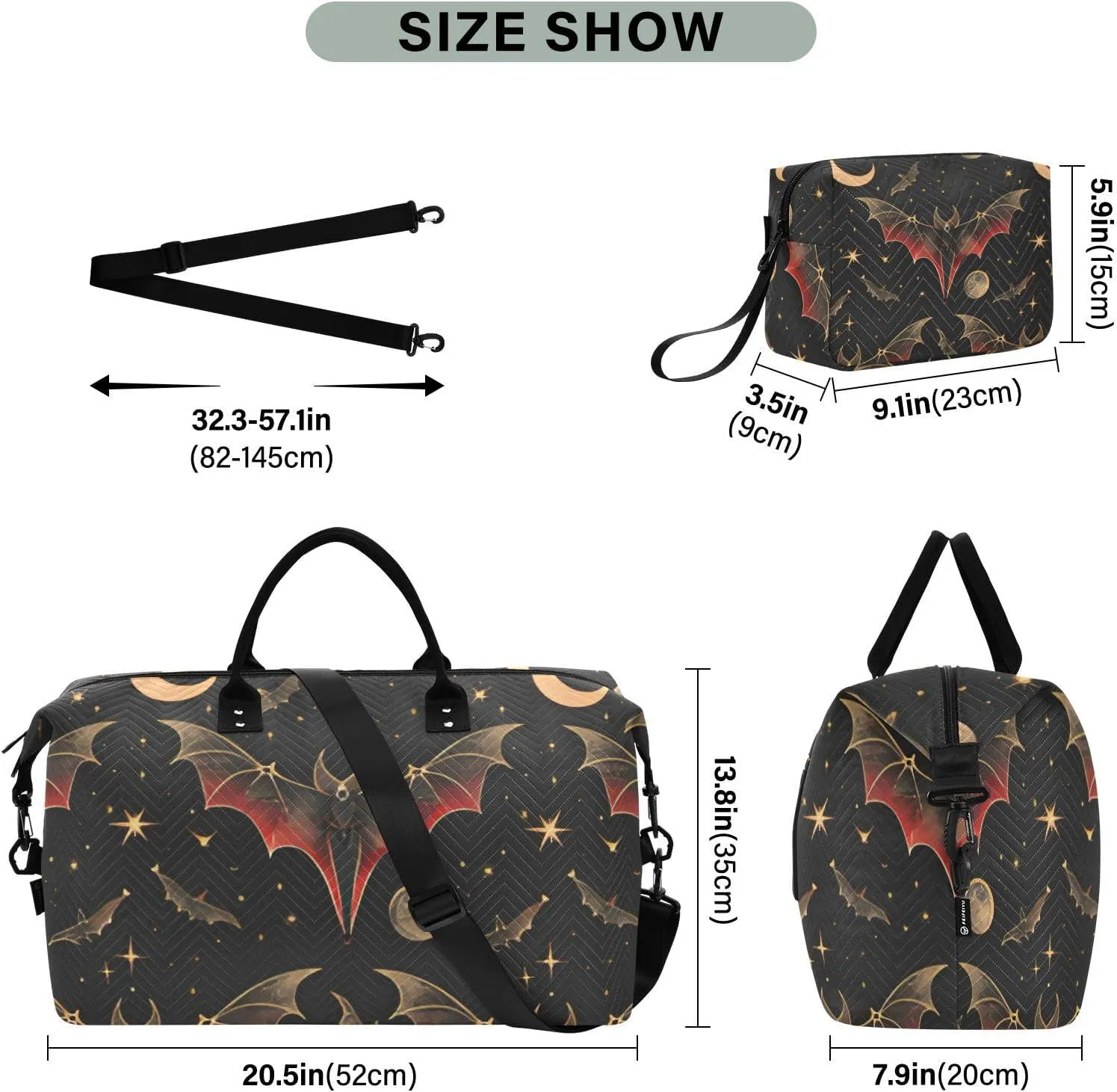Bat Crescent Star Weekender Bag, Travel Tote with Toiletry Bag for Women