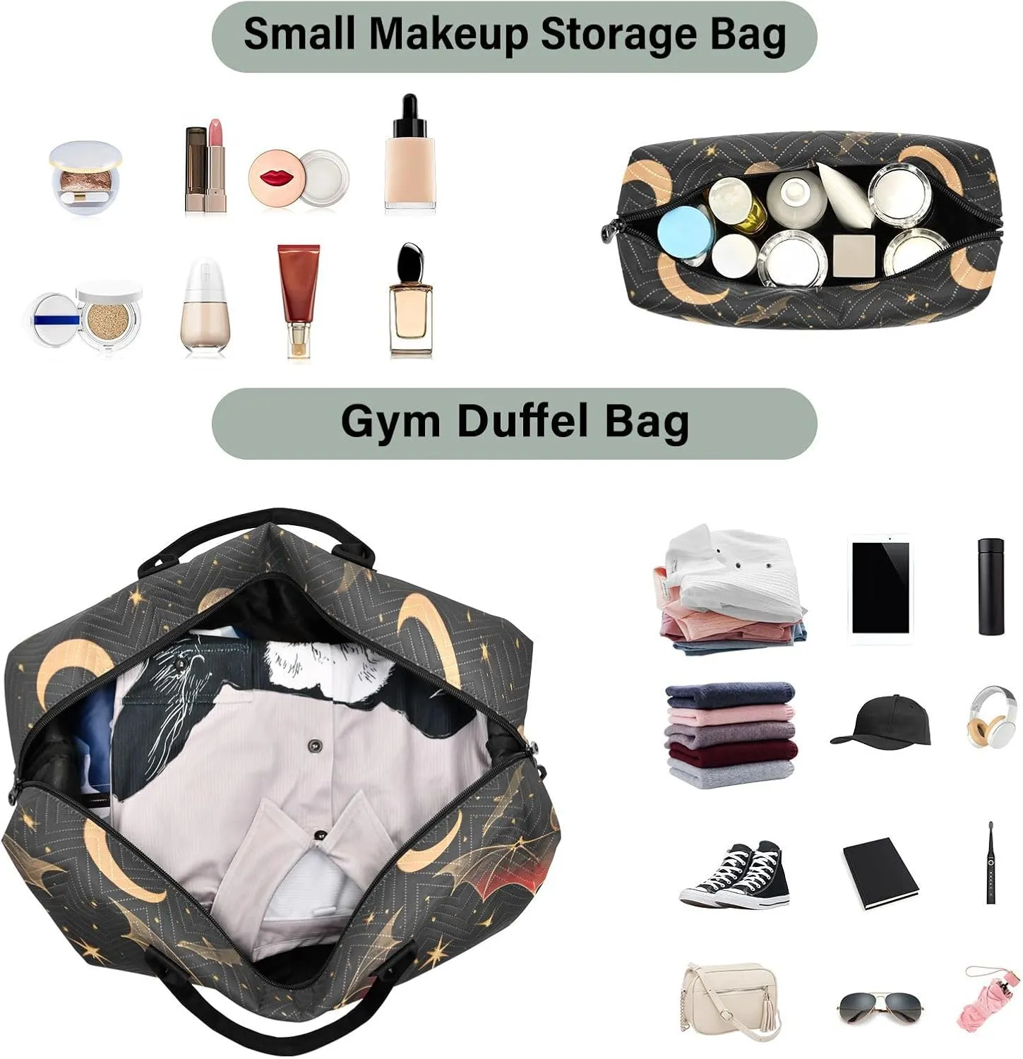 Bat Crescent Star Weekender Bag, Travel Tote with Toiletry Bag for Women