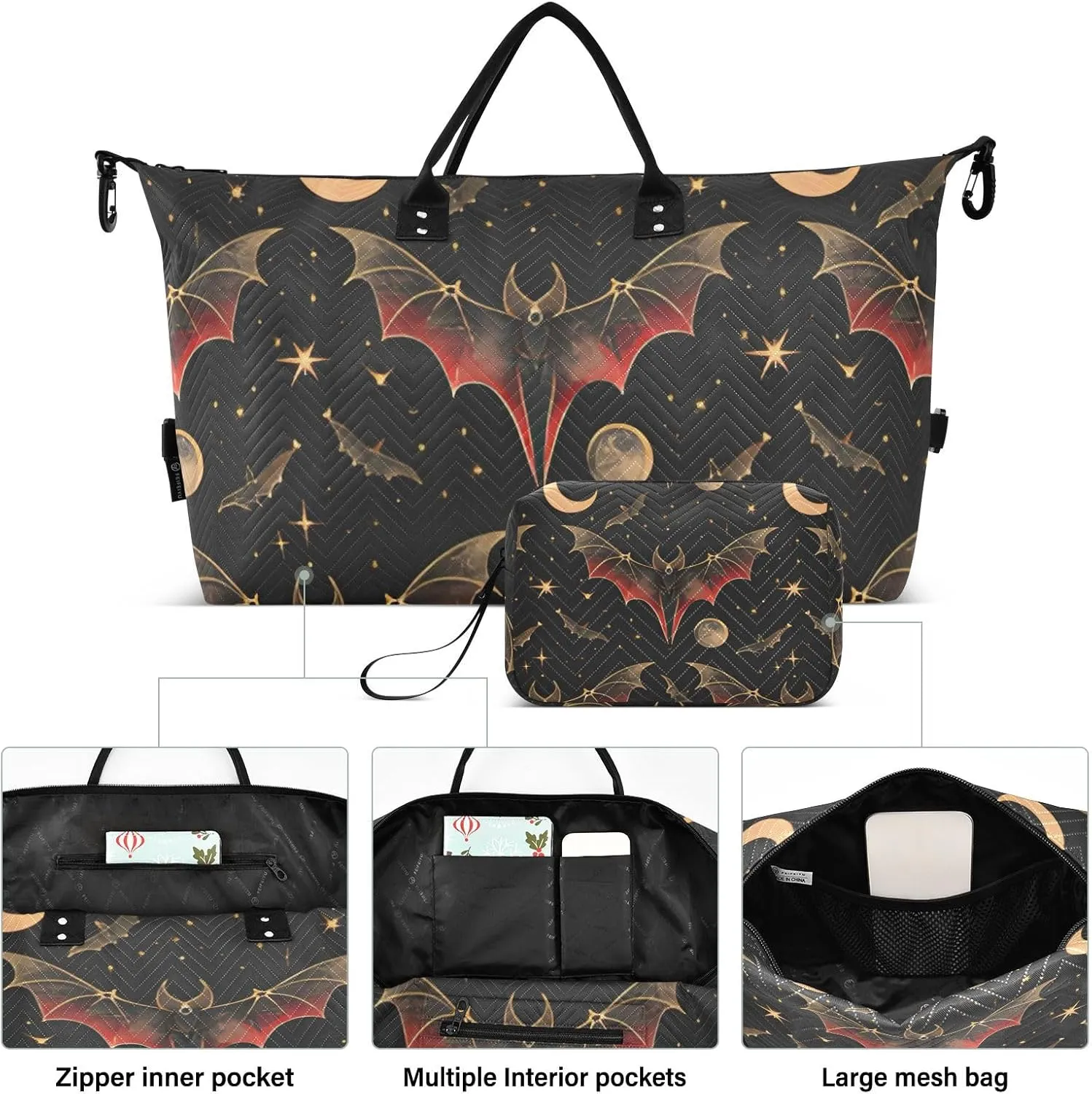 Bat Crescent Star Weekender Bag, Travel Tote with Toiletry Bag for Women