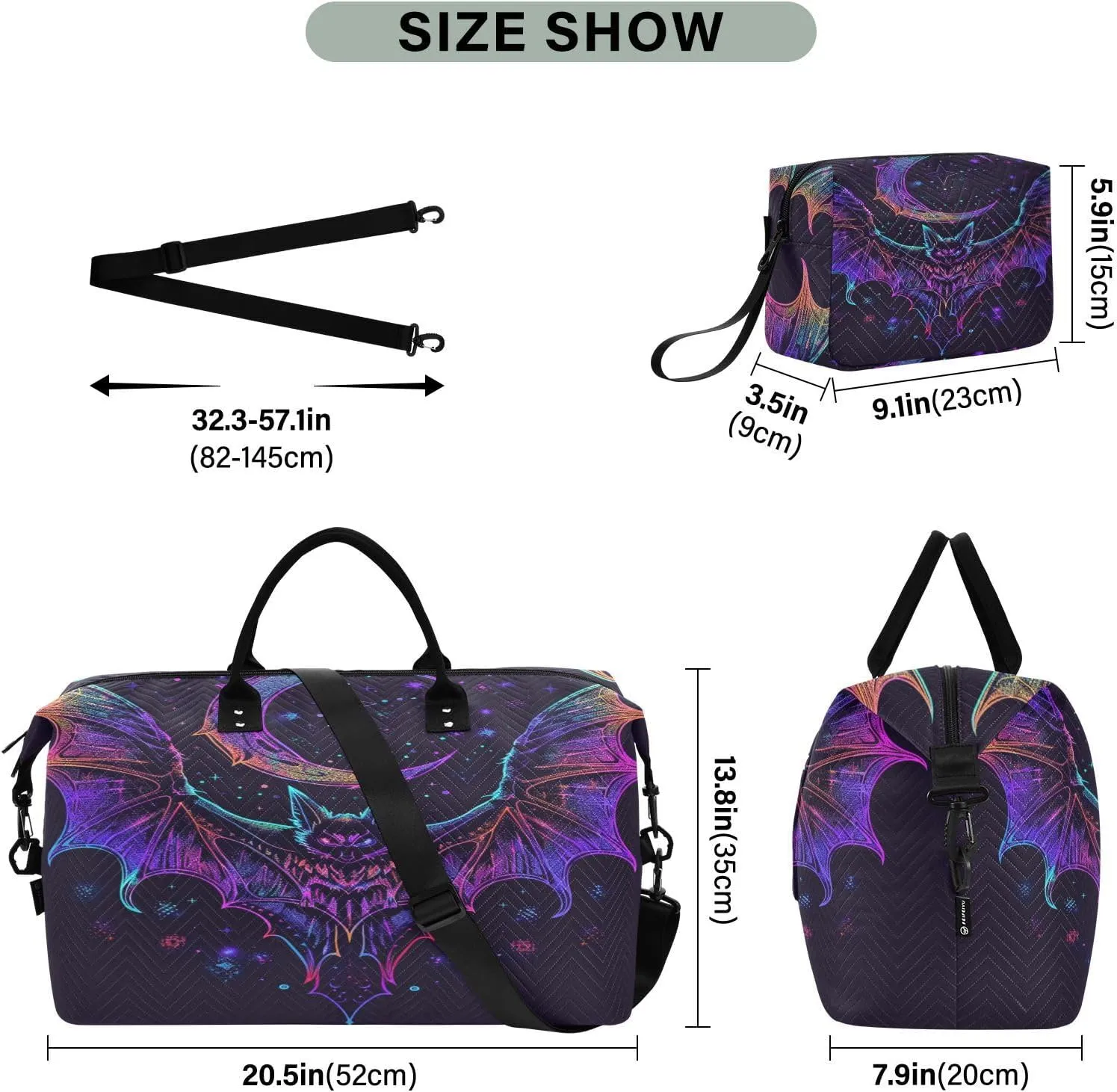 Bat Neon Crescent Weekender Gym Duffle Bag for Women with Toiletry Travel Tote Swim Bag