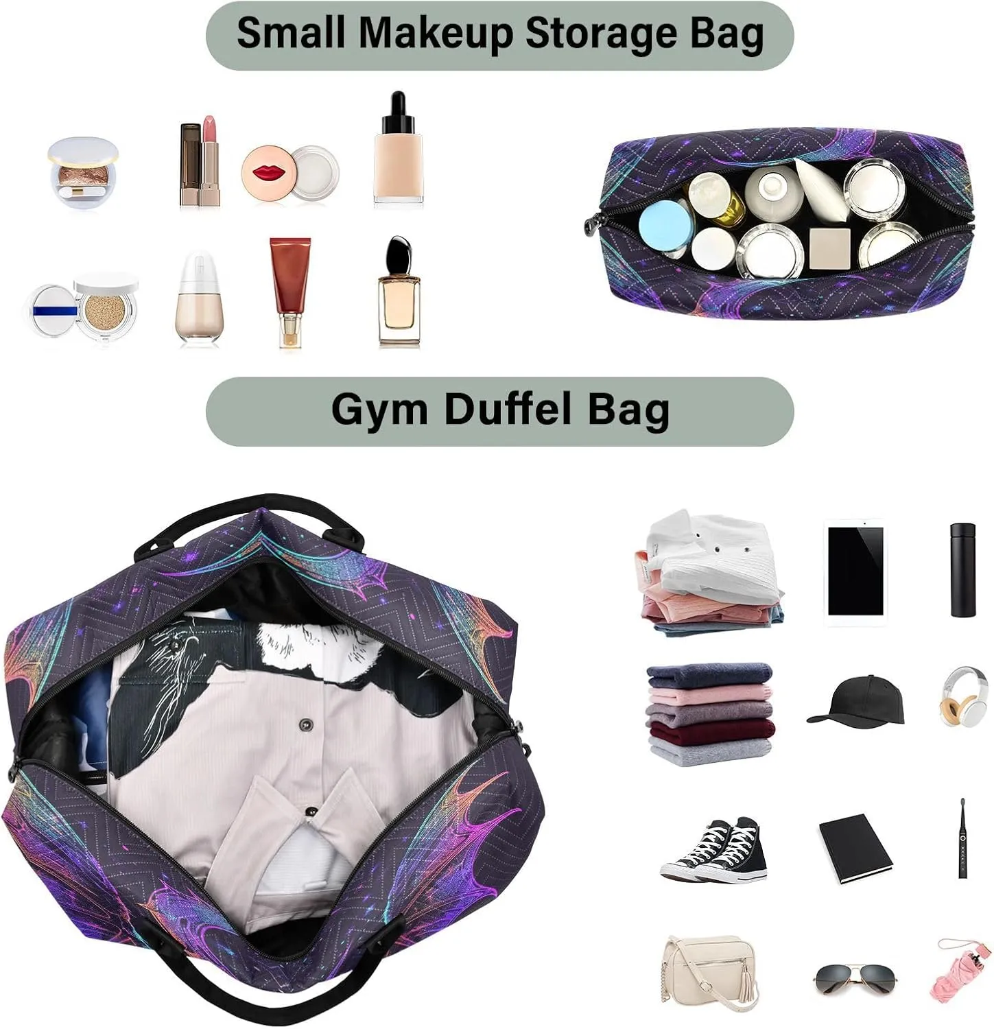 Bat Neon Crescent Weekender Gym Duffle Bag for Women with Toiletry Travel Tote Swim Bag