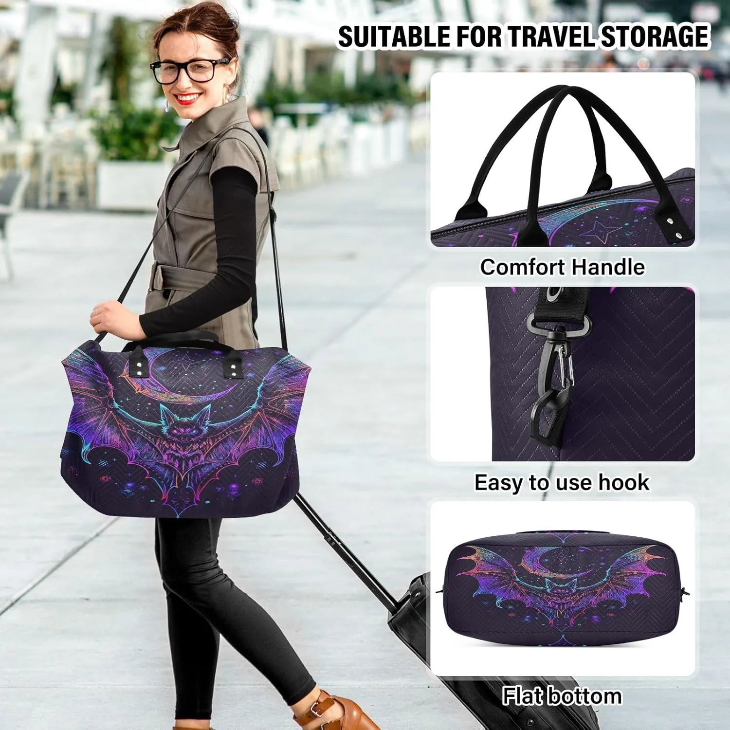 Bat Neon Crescent Weekender Gym Duffle Bag for Women with Toiletry Travel Tote Swim Bag