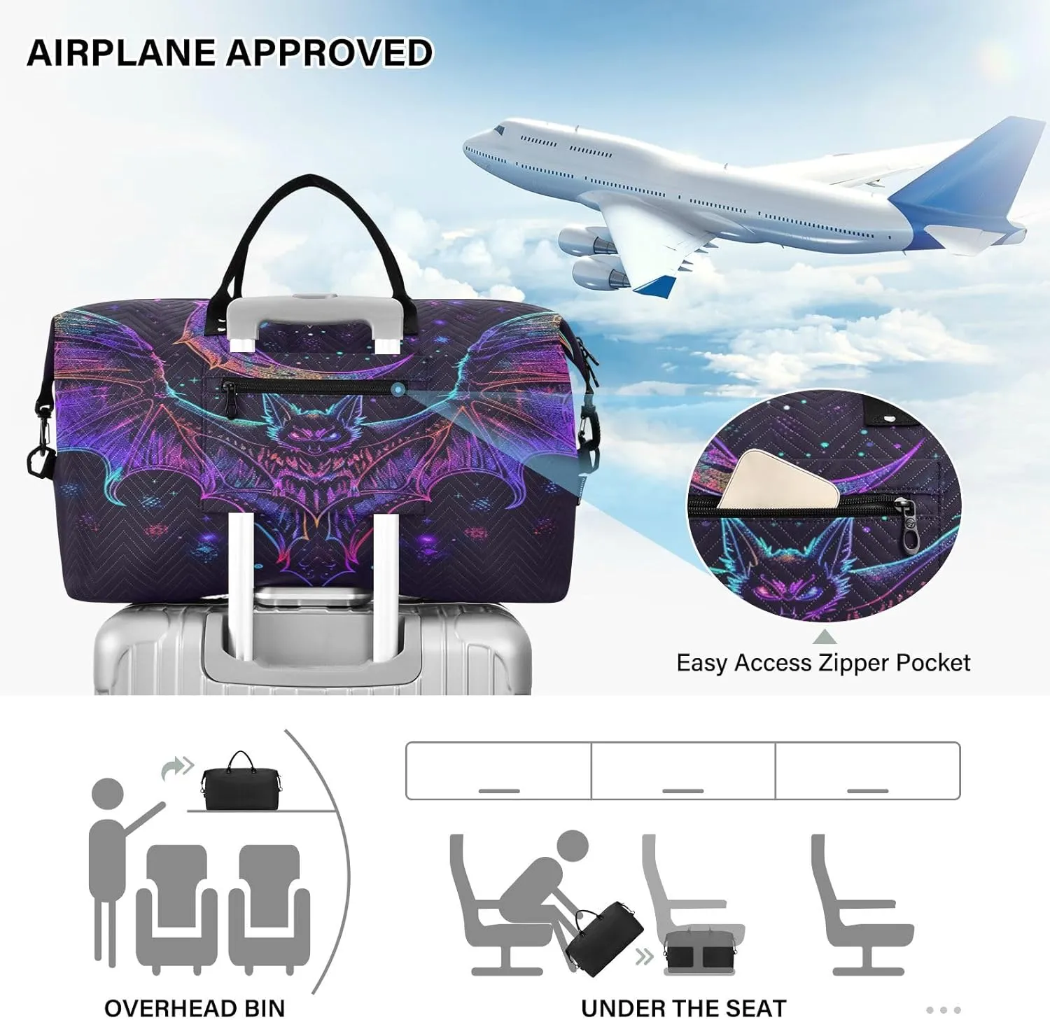 Bat Neon Crescent Weekender Gym Duffle Bag for Women with Toiletry Travel Tote Swim Bag