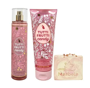 Bath & Body Works Tutti Frutti Candy Fragrance Mist and Body Cream Set with a Himalayan Salts Springs Bar Soap - Full Size