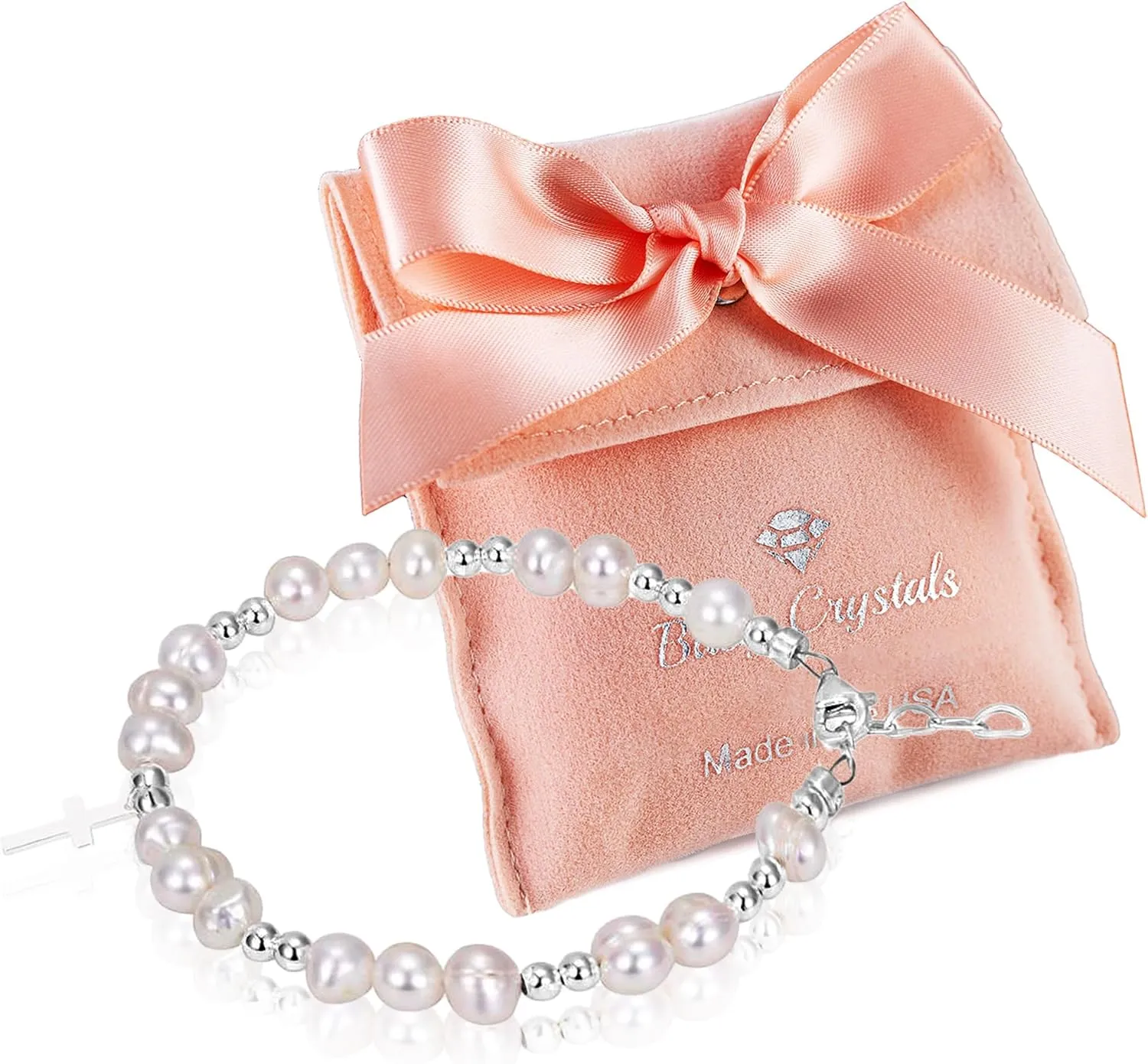 Beaded Bracelets for Girls, Sterling Silver Charm Cross Bracelet Cultured freshwater Pearl, Toddler Baby Girl, Christening, Communion, Baptism Gifts for Girl
