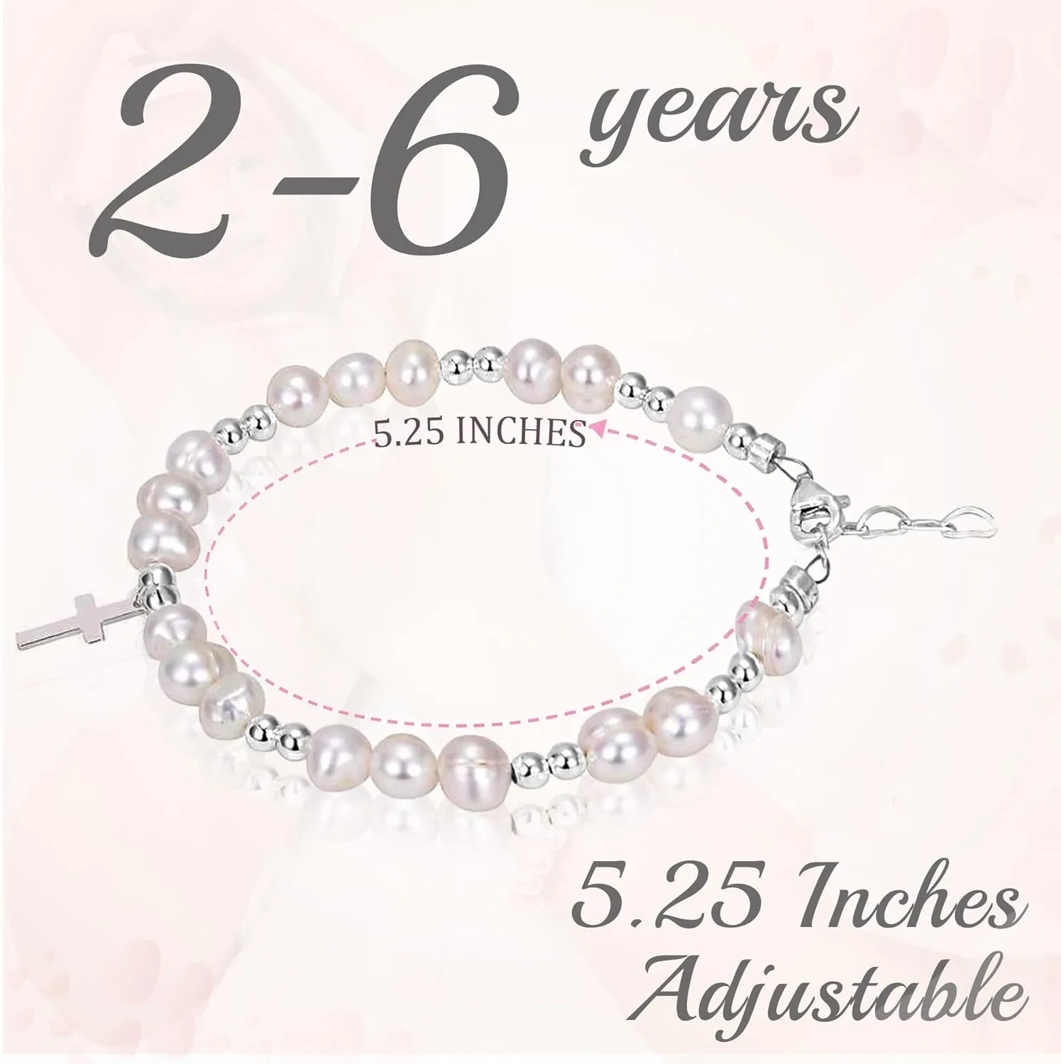 Beaded Bracelets for Girls, Sterling Silver Charm Cross Bracelet Cultured freshwater Pearl, Toddler Baby Girl, Christening, Communion, Baptism Gifts for Girl