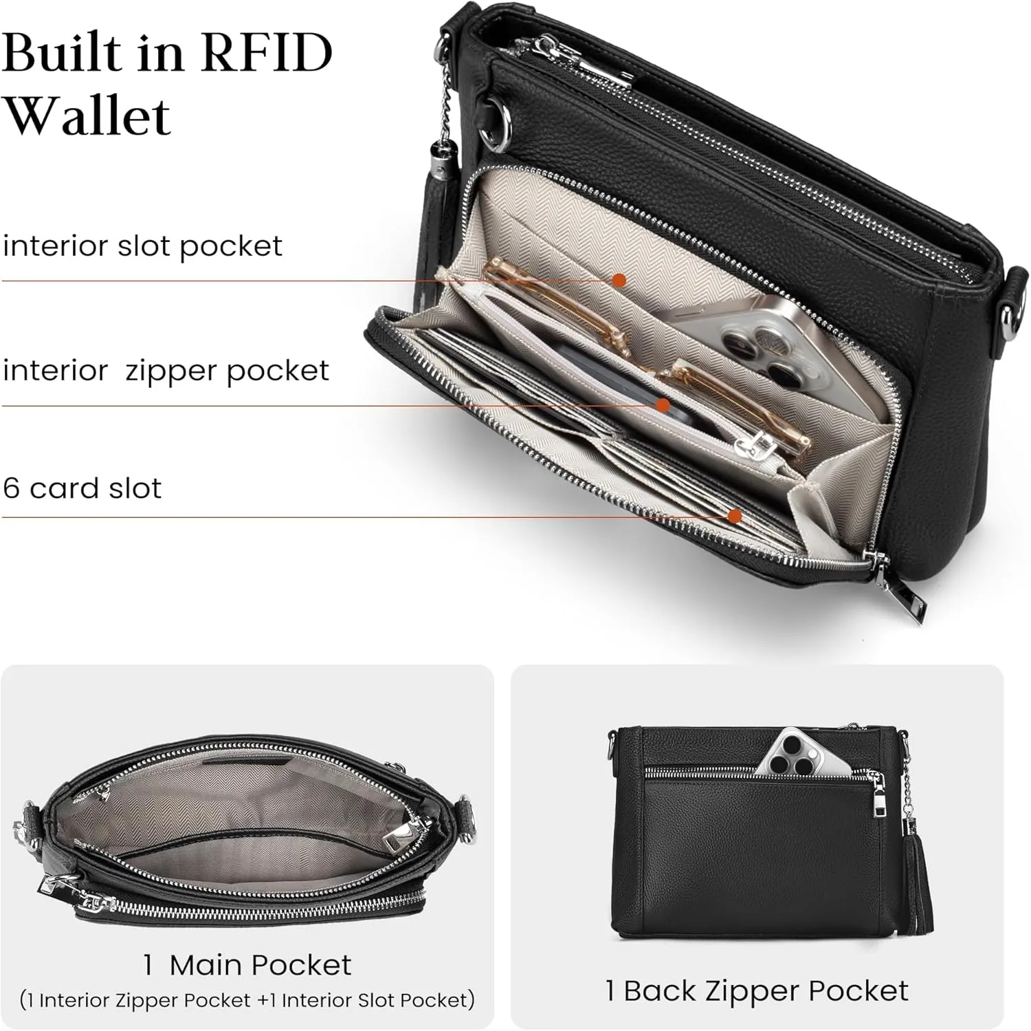 befen Anti Theft Genuine Leather Crossbody Bags for Women Handbags and Shoulder Basg with Built in Wallet RFID Leather Purse