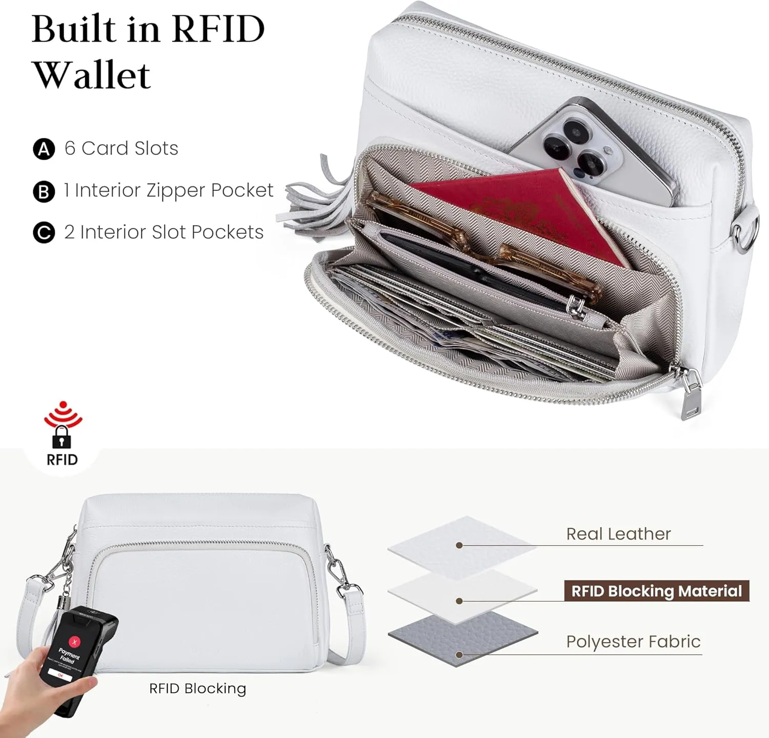 befen Genuine Leather Crossbody Purses for Women Lightweight Small Crossbody Bags Purse with Built in RFID Blocking Wallet