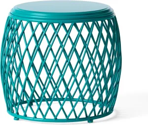 Benzara Jime 20 Inch Outdoor Table, Barrel Lattice Design, Teal Green Metal