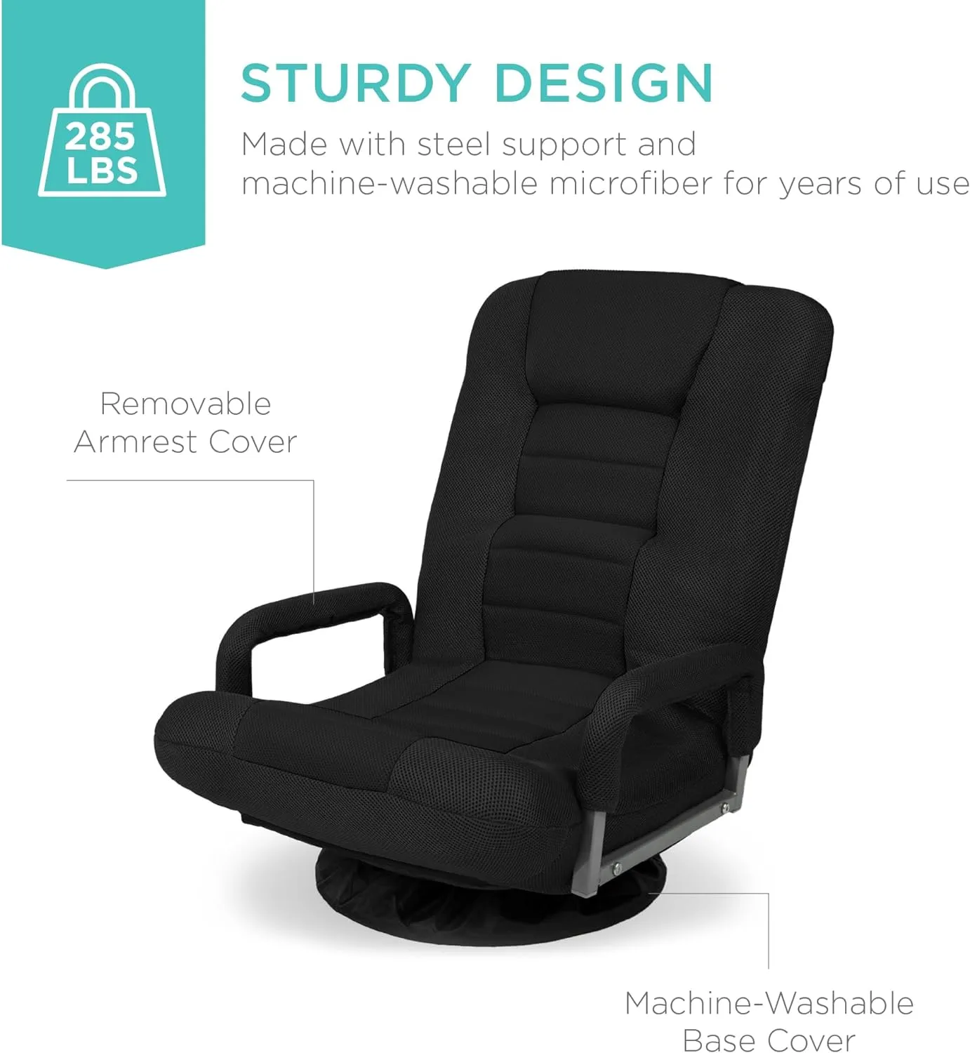 Best Choice Products Swivel Gaming Chair 360 Degree Multipurpose Floor Chair Rocker for TV, Reading, Playing Video Games w/Lumbar Support, Armrest Handles, Adjustable Backrest - Black/Black