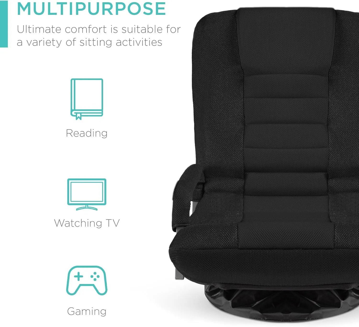 Best Choice Products Swivel Gaming Chair 360 Degree Multipurpose Floor Chair Rocker for TV, Reading, Playing Video Games w/Lumbar Support, Armrest Handles, Adjustable Backrest - Black/Black