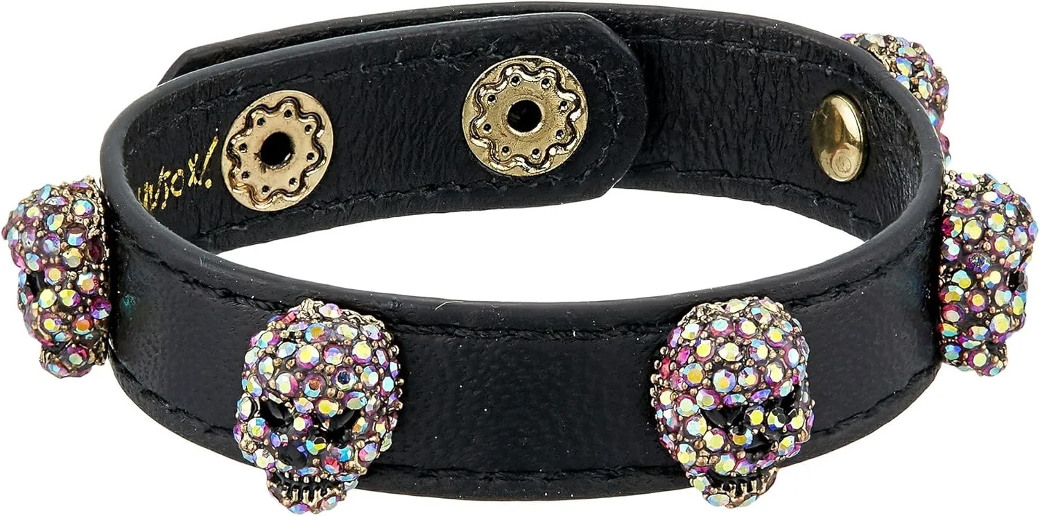 Betsey Johnson Halloween Black Leather with Multi-Color Stone Skulls Wrap Bracelet