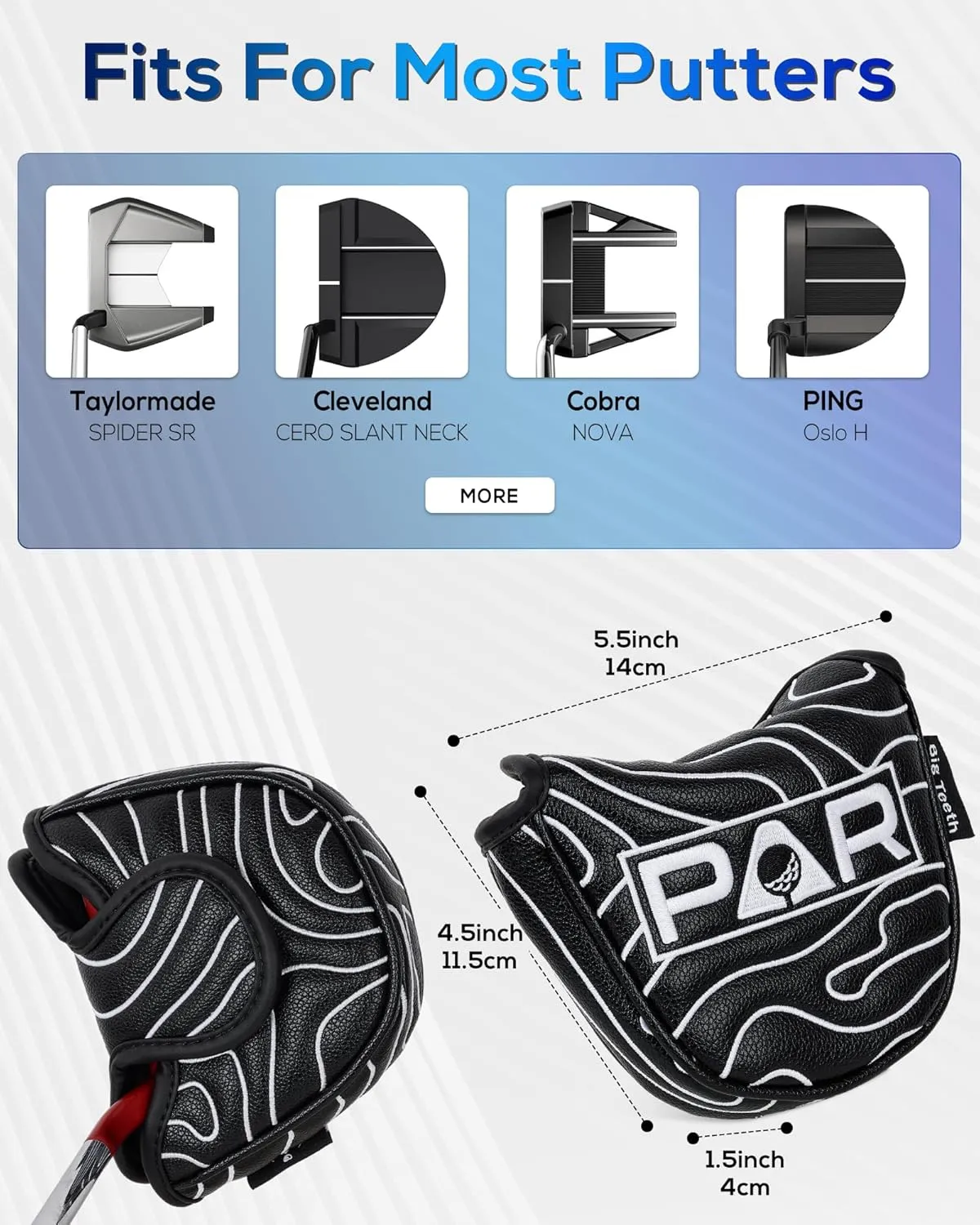Big Teeth Golf Club Headcover Full Set Driver Wood Hybrid Putter Headcover Leather Golf Club Head Covers, Topographic Edition Golf Head Covers, Pure Black Golf Club Covers for Men