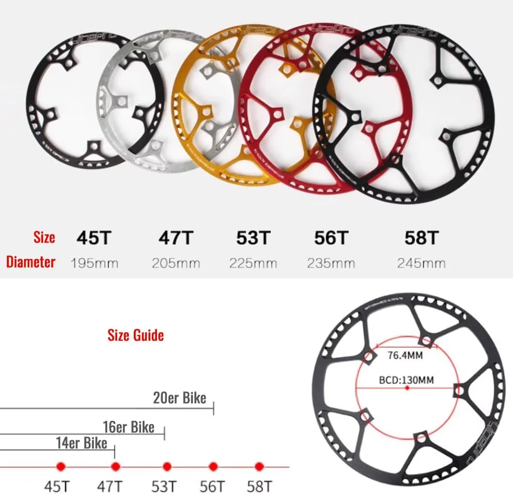 Bike Chainring 130BCD Aluminum Alloy Ultralight Bicycle Chainring 45T 47T 53T 56T 58T BMX Chainwheel for Folding Bicycle