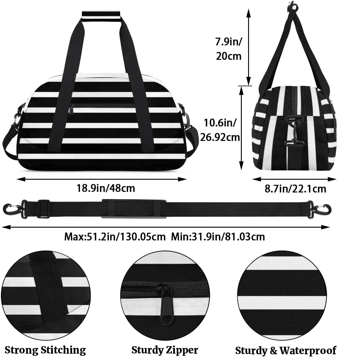 Black And White Stripes Boys Girls Gym Bag Dance Perform Training Duffel Bags Weekender Carry-On Tote Luggage Bag Ideal for School Practice or Overnight Trips