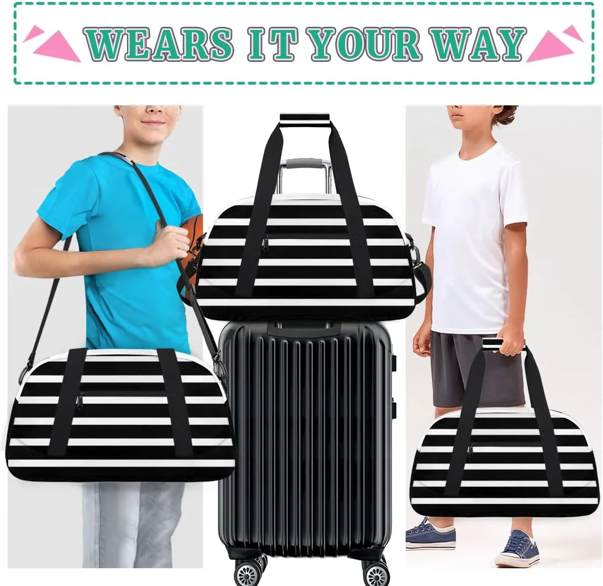 Black And White Stripes Boys Girls Gym Bag Dance Perform Training Duffel Bags Weekender Carry-On Tote Luggage Bag Ideal for School Practice or Overnight Trips