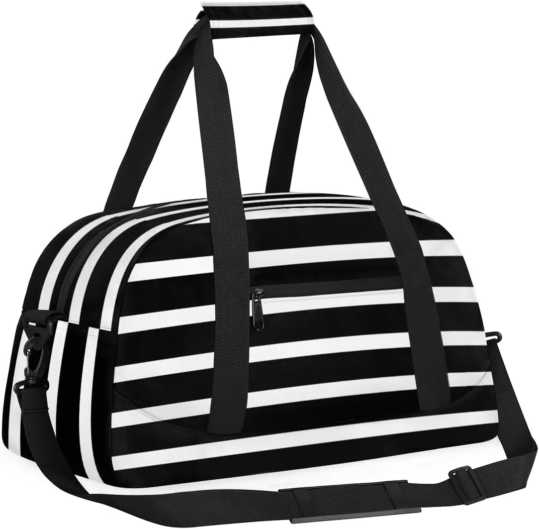 Black And White Stripes Boys Girls Gym Bag Dance Perform Training Duffel Bags Weekender Carry-On Tote Luggage Bag Ideal for School Practice or Overnight Trips