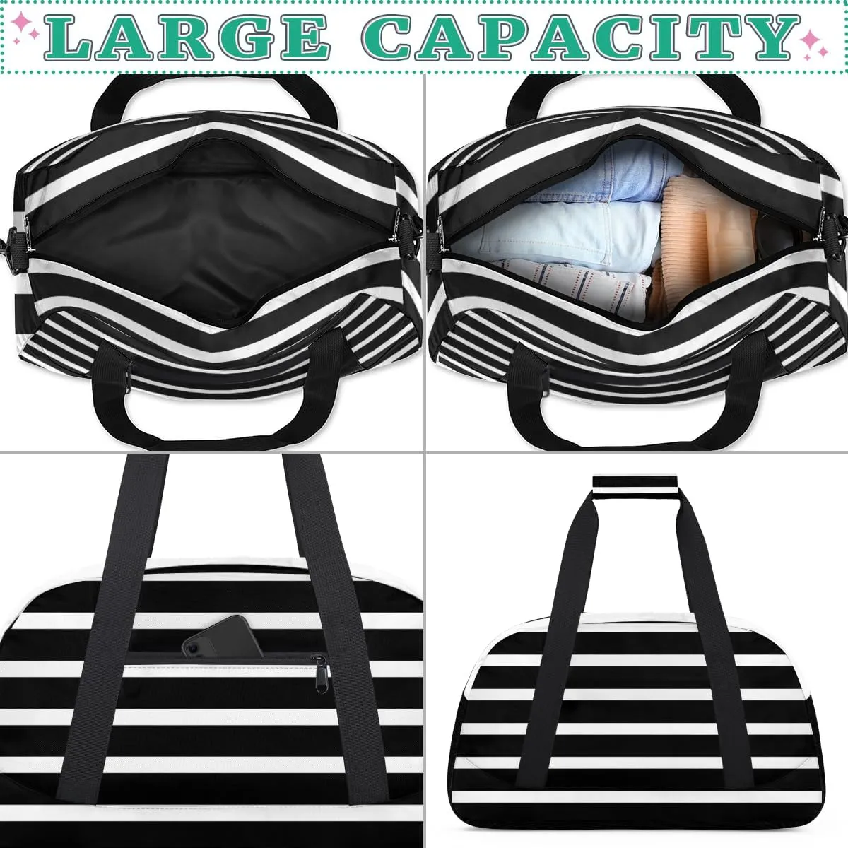 Black And White Stripes Boys Girls Gym Bag Dance Perform Training Duffel Bags Weekender Carry-On Tote Luggage Bag Ideal for School Practice or Overnight Trips
