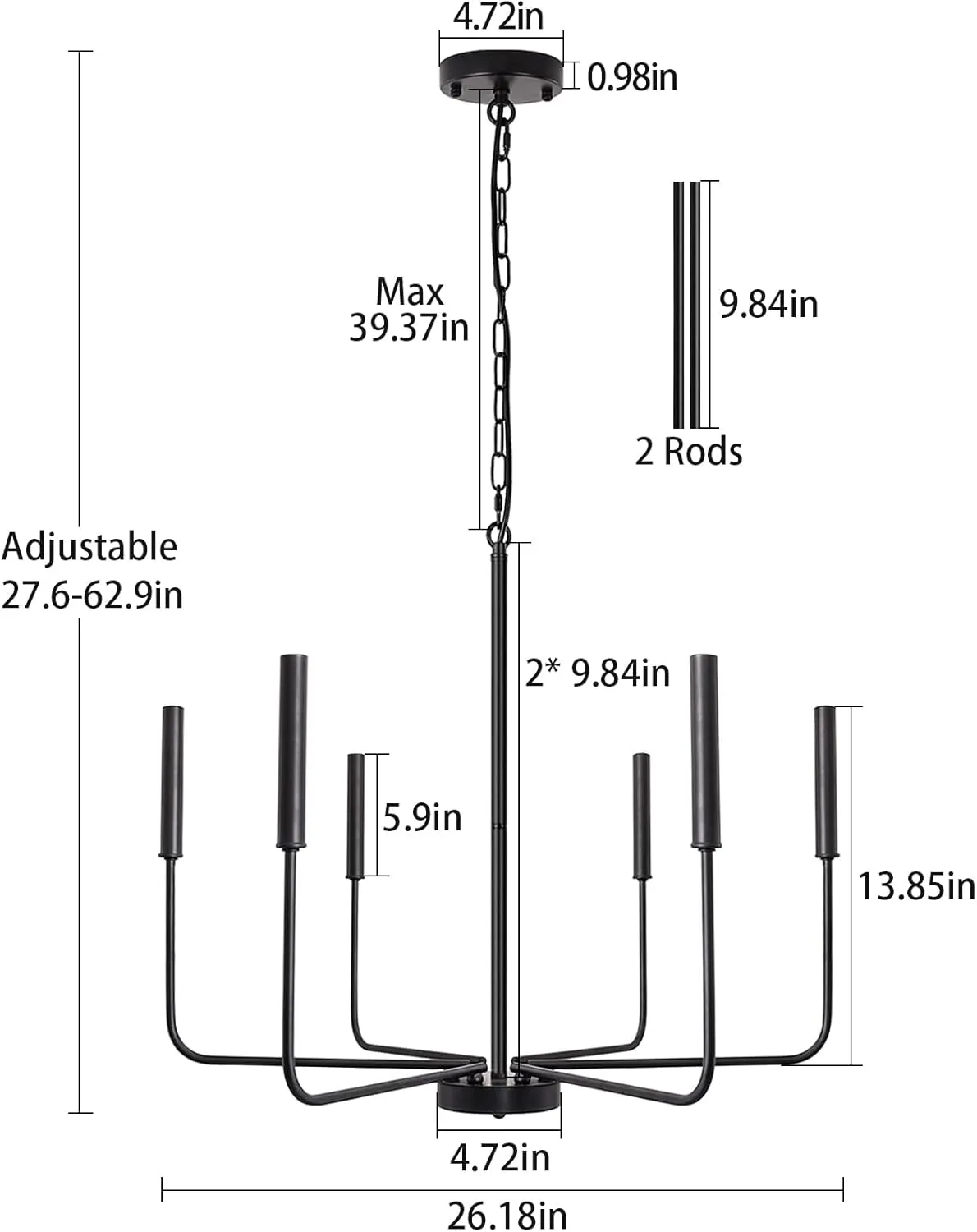 Black Chandelier 6 Light Modern Farmhouse Chandelier for Dining Room Lighting Fixtures Hanging, Rustic Industrial Candle Chandeliers Light Fixture for Foyer Kitchen Living Room