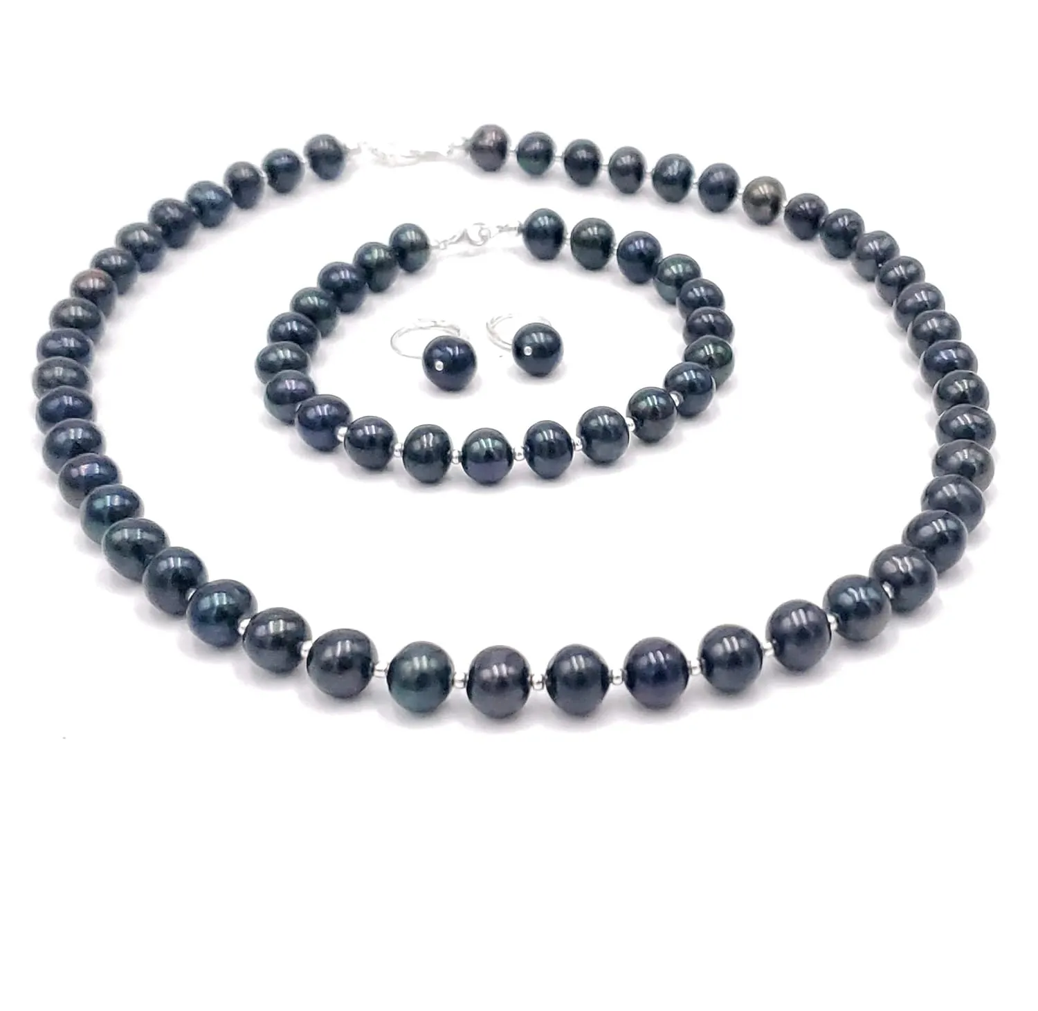 Black genuine pearl jewelry set, freshwater Tahitian green overtone pearl with sterling silver findings and seed beads, june birthstone uniquelan jewelry