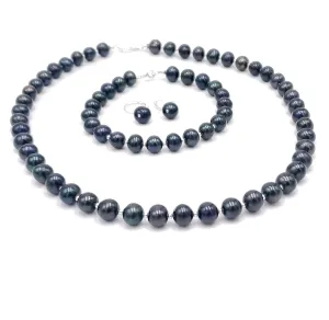 Black genuine pearl jewelry set, freshwater Tahitian green overtone pearl with sterling silver findings and seed beads, june birthstone uniquelan jewelry