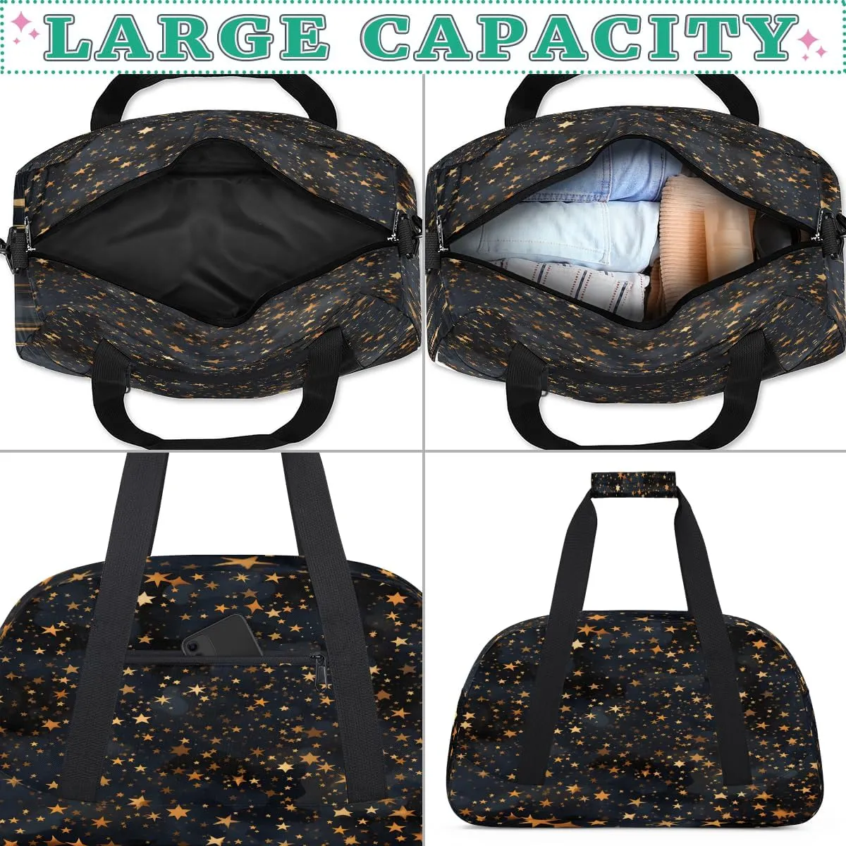 Black Gold Glitter Kids Overnighter Duffel Bags for Boys, Carry-On Size Sports Gym Bag with Front Zipper Pocket for School Practice or Overnight Travel Weekender Sleepover Tote Bag