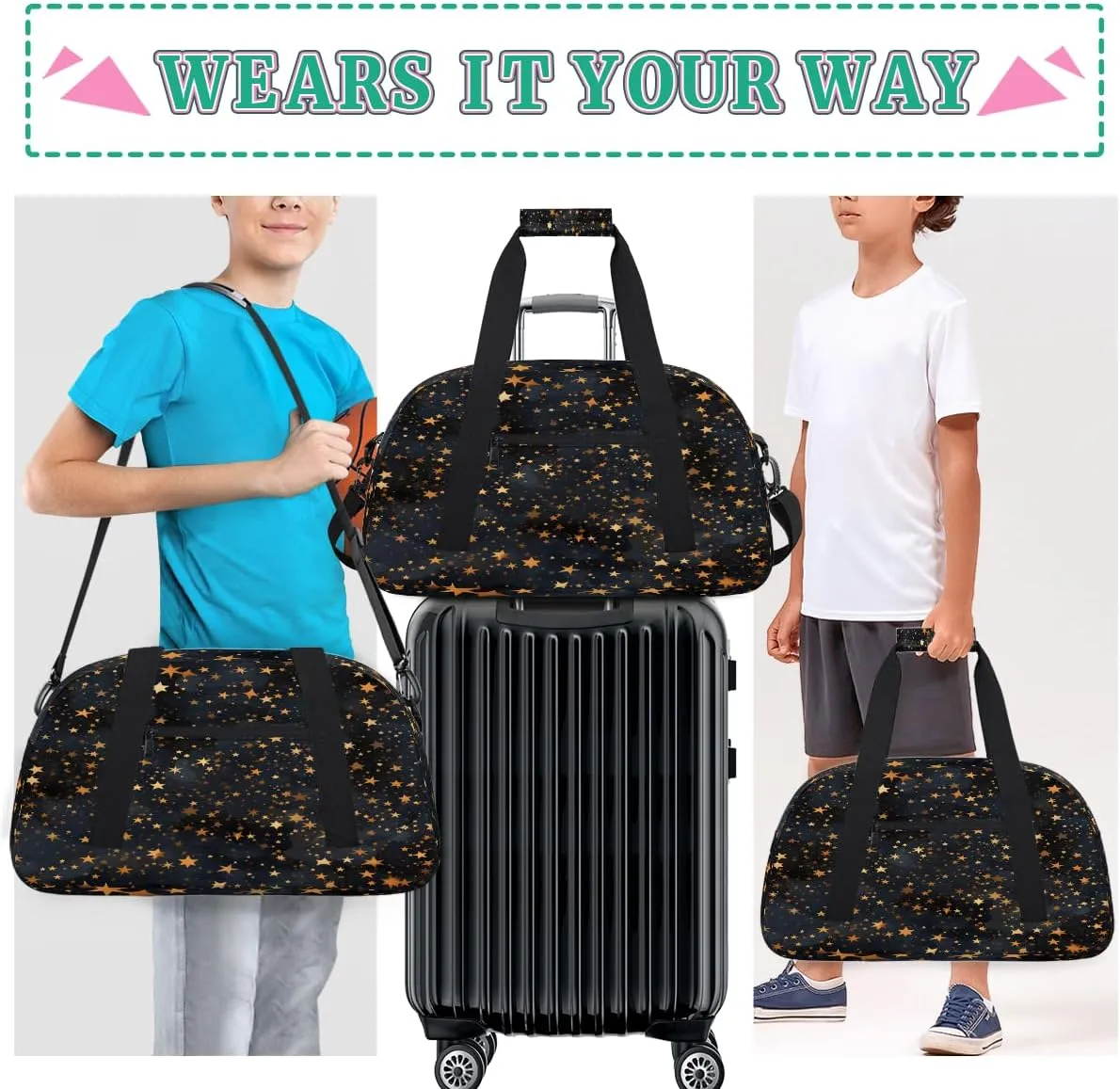 Black Gold Glitter Kids Overnighter Duffel Bags for Boys, Carry-On Size Sports Gym Bag with Front Zipper Pocket for School Practice or Overnight Travel Weekender Sleepover Tote Bag