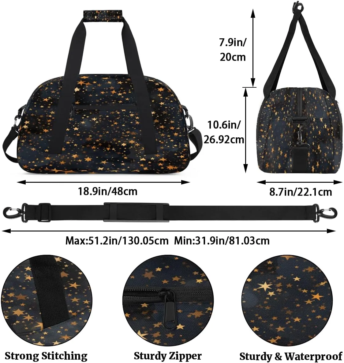 Black Gold Glitter Kids Overnighter Duffel Bags for Boys, Carry-On Size Sports Gym Bag with Front Zipper Pocket for School Practice or Overnight Travel Weekender Sleepover Tote Bag