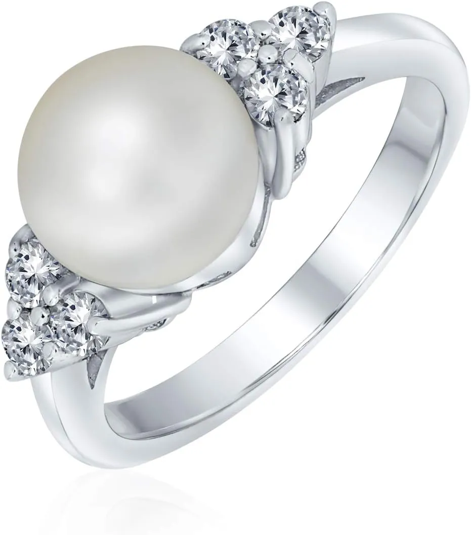 Bling Jewelry Personalize Bridal Party CZ Halo Side Stones White Solitaire Freshwater Cultured Pearl Engagement Cocktail Ring For Women .925 Sterling Silver Customizable