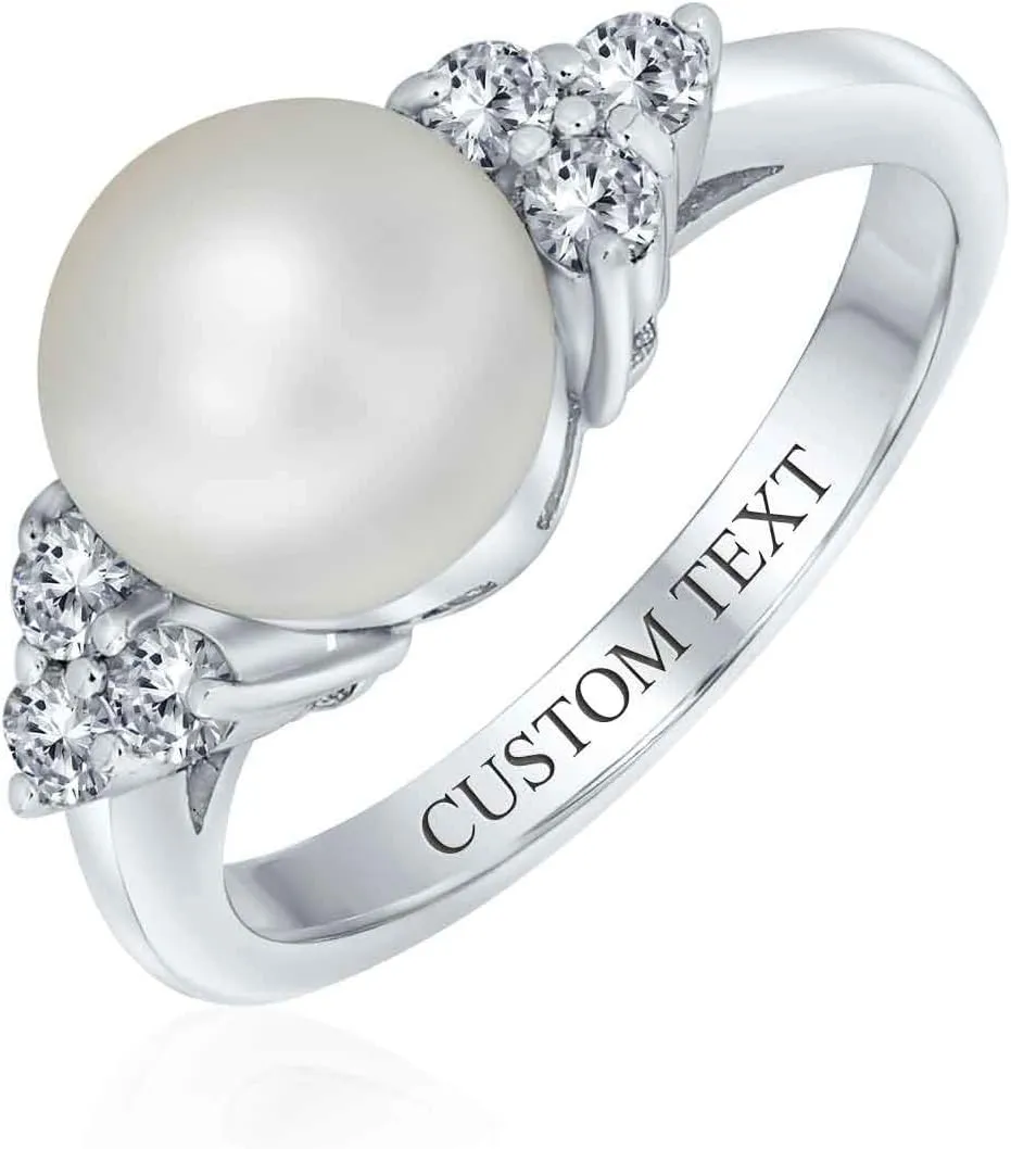 Bling Jewelry Personalize Bridal Party CZ Halo Side Stones White Solitaire Freshwater Cultured Pearl Engagement Cocktail Ring For Women .925 Sterling Silver Customizable