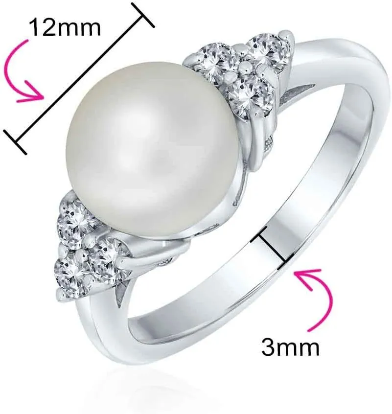 Bling Jewelry Personalize Bridal Party CZ Halo Side Stones White Solitaire Freshwater Cultured Pearl Engagement Cocktail Ring For Women .925 Sterling Silver Customizable