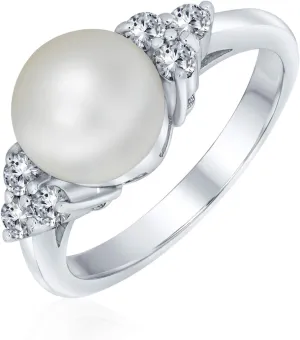 Bling Jewelry Personalize Bridal Party CZ Halo Side Stones White Solitaire Freshwater Cultured Pearl Engagement Cocktail Ring For Women .925 Sterling Silver Customizable
