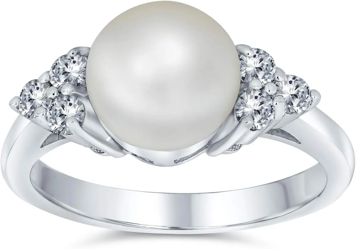 Bling Jewelry Personalize Bridal Party CZ Halo Side Stones White Solitaire Freshwater Cultured Pearl Engagement Cocktail Ring For Women .925 Sterling Silver Customizable