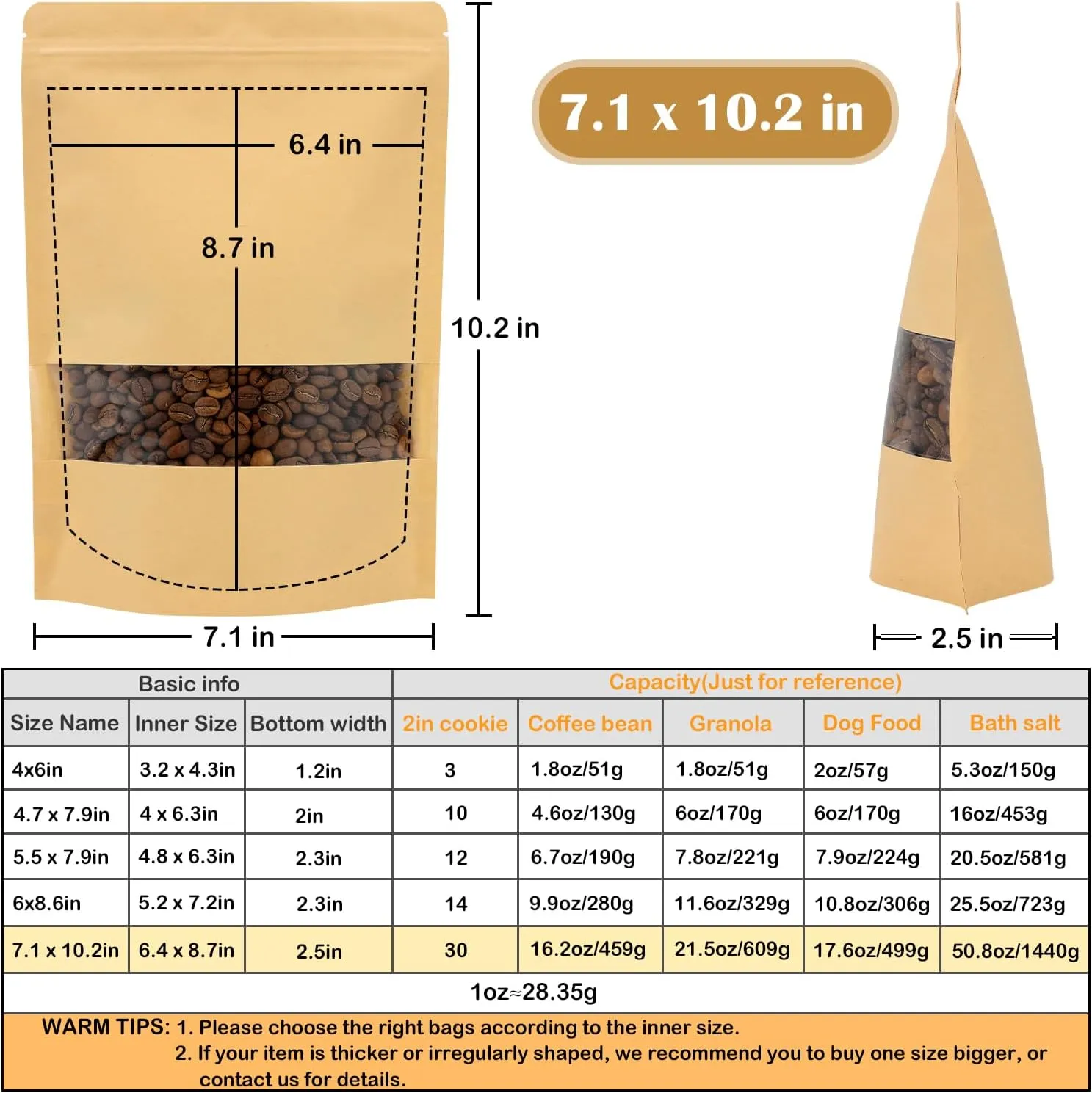 Blisstime 50 Pack Kraft Stand Up Zip Lock Pouch Bags, Resealable Bag with Transparent Window and Tear Notch for Multipurpose Storage (7 X 10.2 Inches)