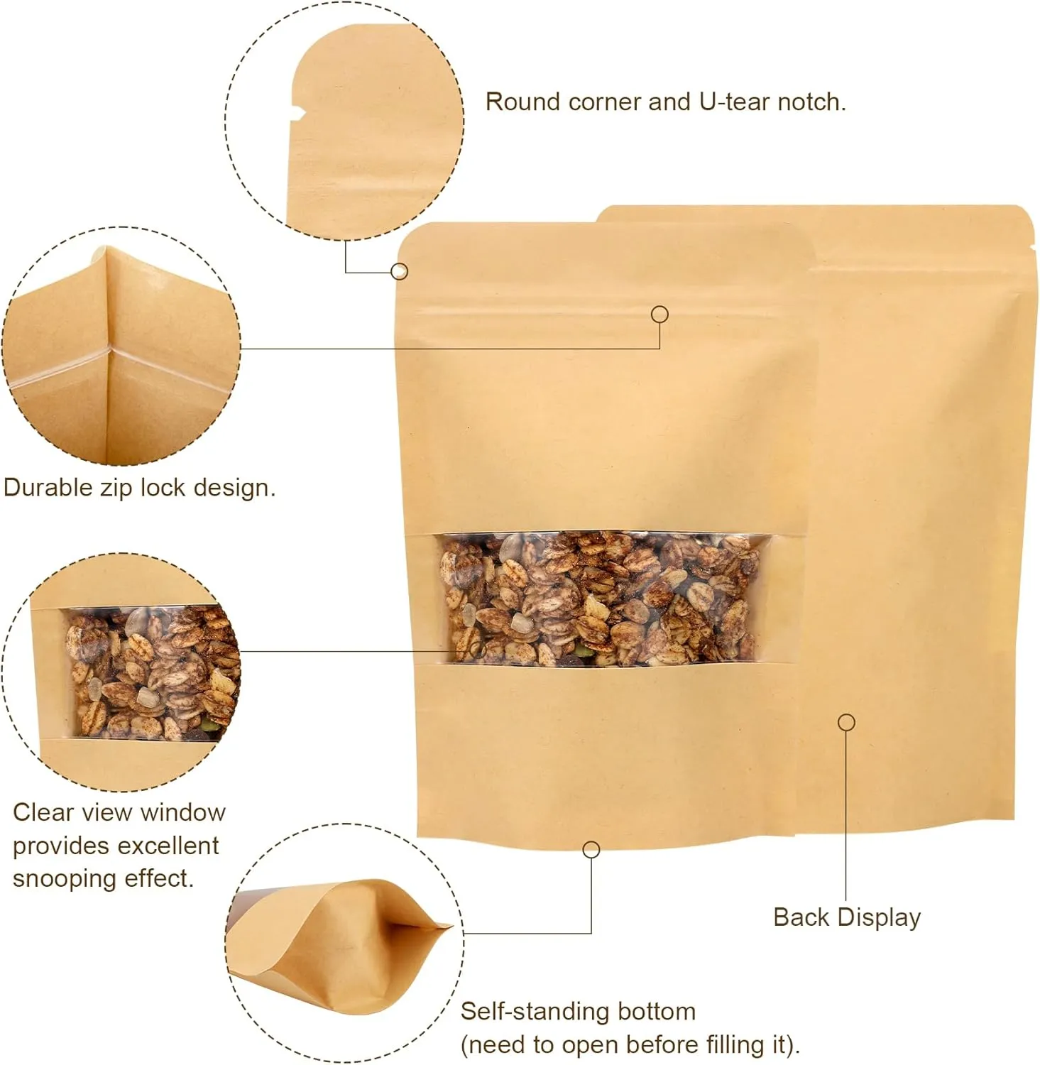 Blisstime 50 Pack Kraft Stand Up Zip Lock Pouch Bags, Resealable Bag with Transparent Window and Tear Notch for Multipurpose Storage (7 X 10.2 Inches)