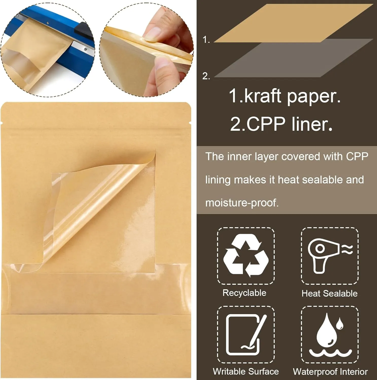 Blisstime 50 Pack Kraft Stand Up Zip Lock Pouch Bags, Resealable Bag with Transparent Window and Tear Notch for Multipurpose Storage (7 X 10.2 Inches)