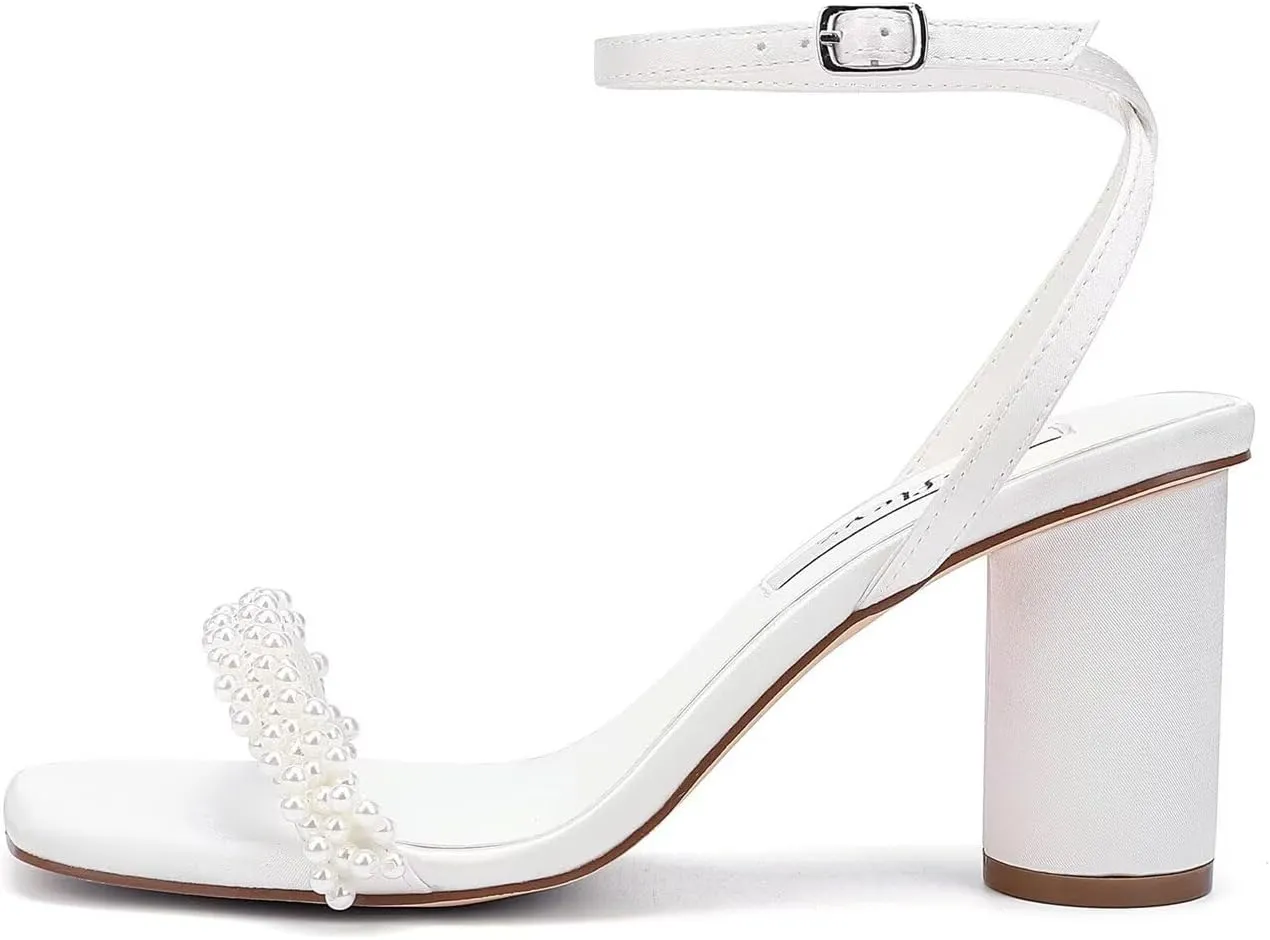Block Heel Wedding Sandals Pearl Heels Wedding Shoes for Bride Open Square Toe Bridal Shoes