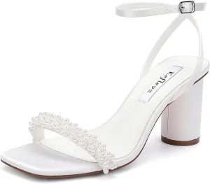 Block Heel Wedding Sandals Pearl Heels Wedding Shoes for Bride Open Square Toe Bridal Shoes