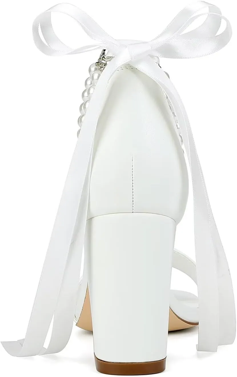 Block Heel Wedding Shoes for Bride Pearl Heels Wedding Sandals Square Open Toe Bridal Shoes