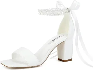 Block Heel Wedding Shoes for Bride Pearl Heels Wedding Sandals Square Open Toe Bridal Shoes